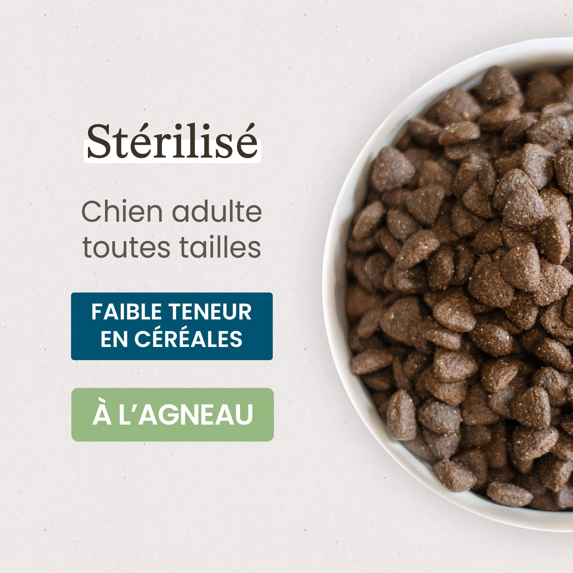Gamelle contenant les Croquettes Light Super Premium pour chien adulte stérilisé / surpoids de toutes tailles en gros plan