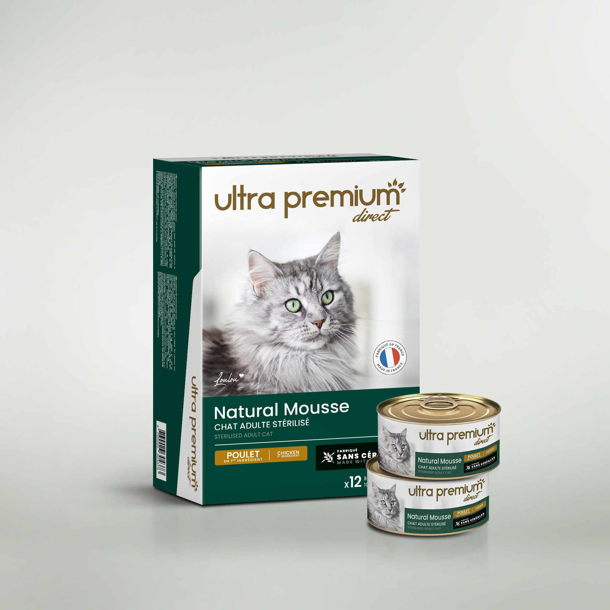Boîte de mousse sans céréales pour chat adulte stérilisé au poulet sur fond vert