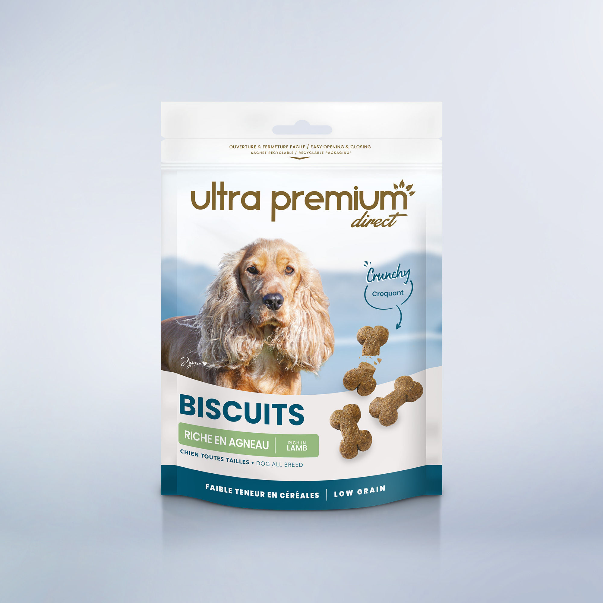 Sachet de friandises à l'agneau pour chien, sur fond bleu