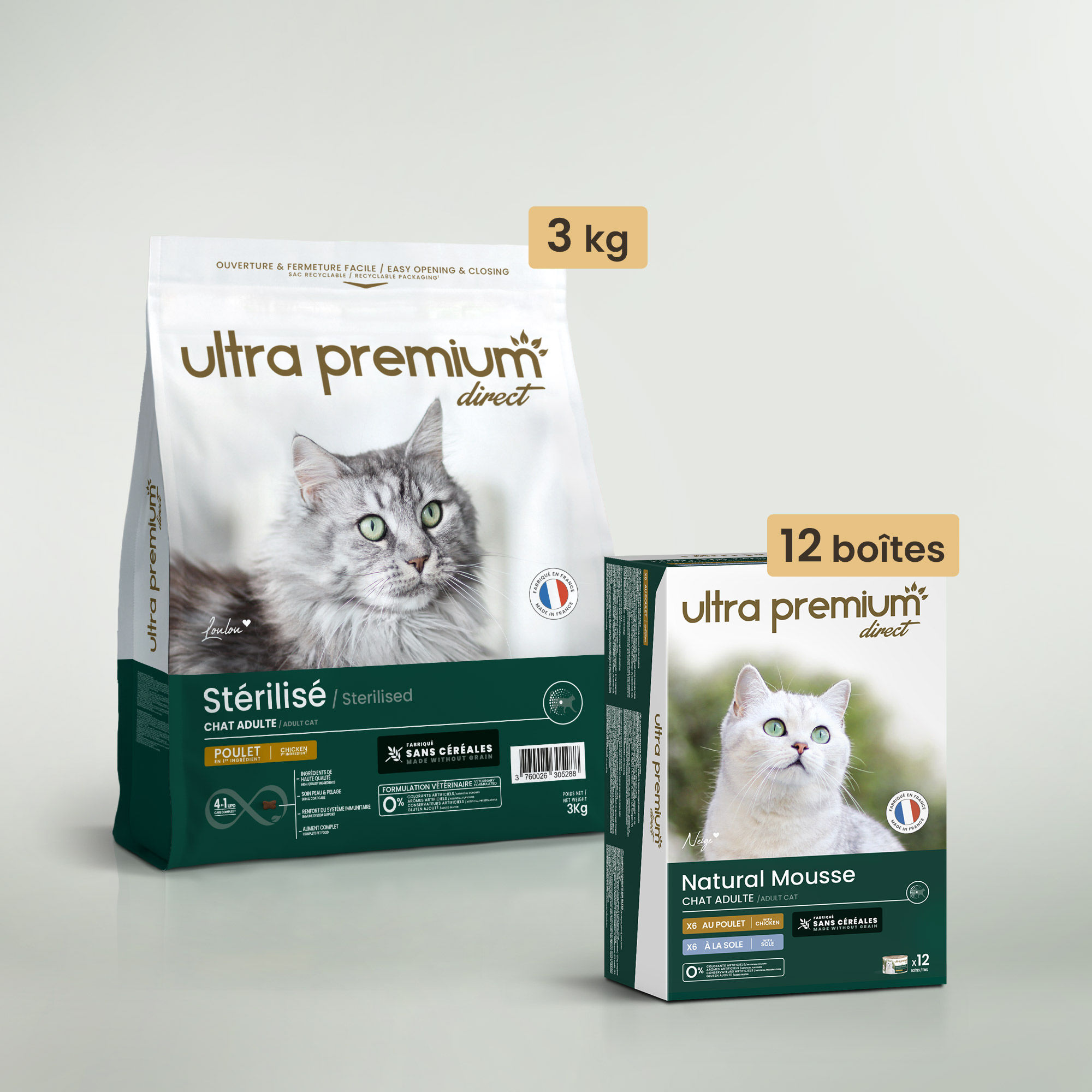 Pack bi-nutrition composé d'un sac de 3 kg de croquettes sans céréales au poulet pour chat adulte stérilisé, et de 12 boîtes de mousse sans céréales pour chat adulte au poulet & à la sole, en intérieur
