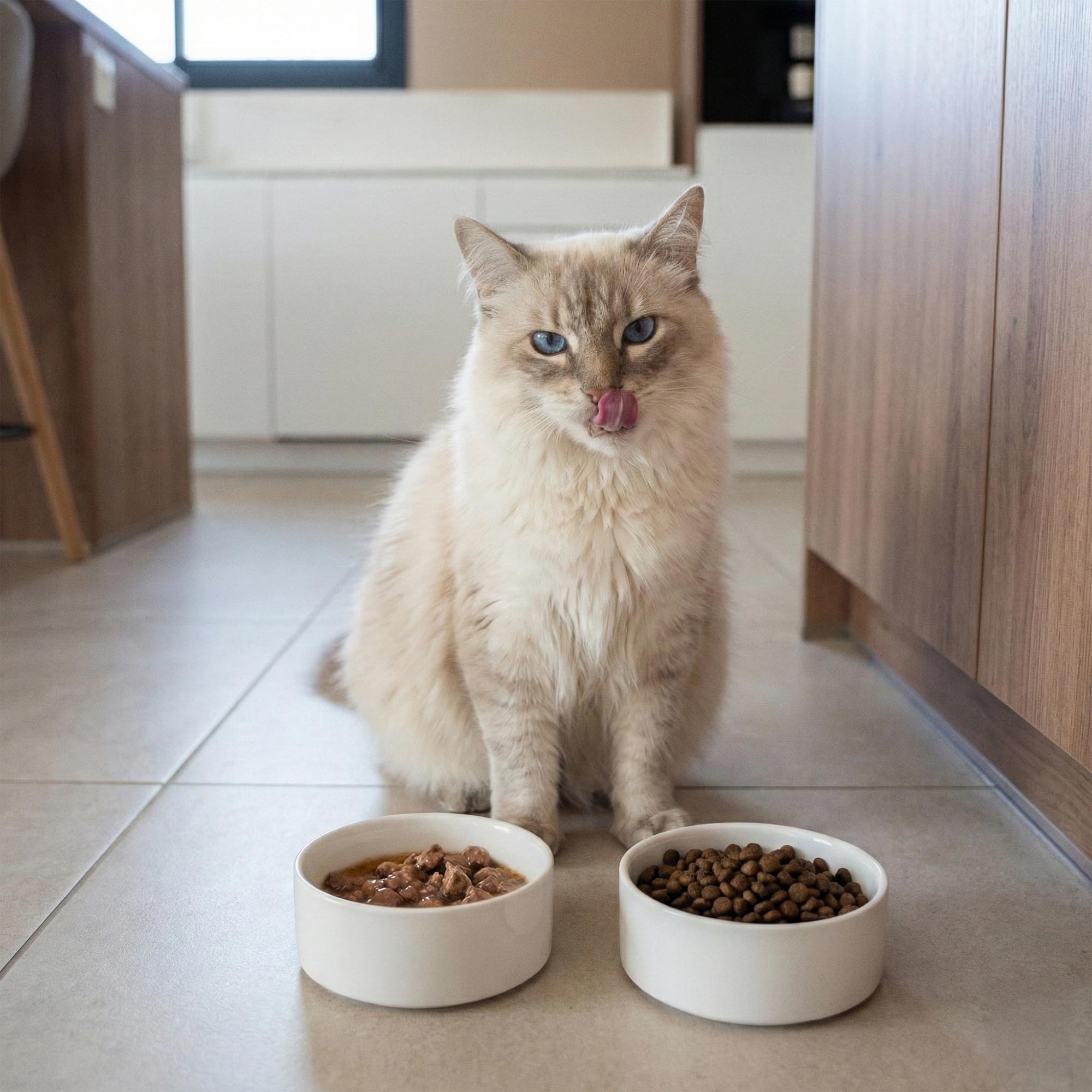 Chat beige devant une gamelle d'émincés en sauce et une gamelle de croquettes sans céréales au saumon