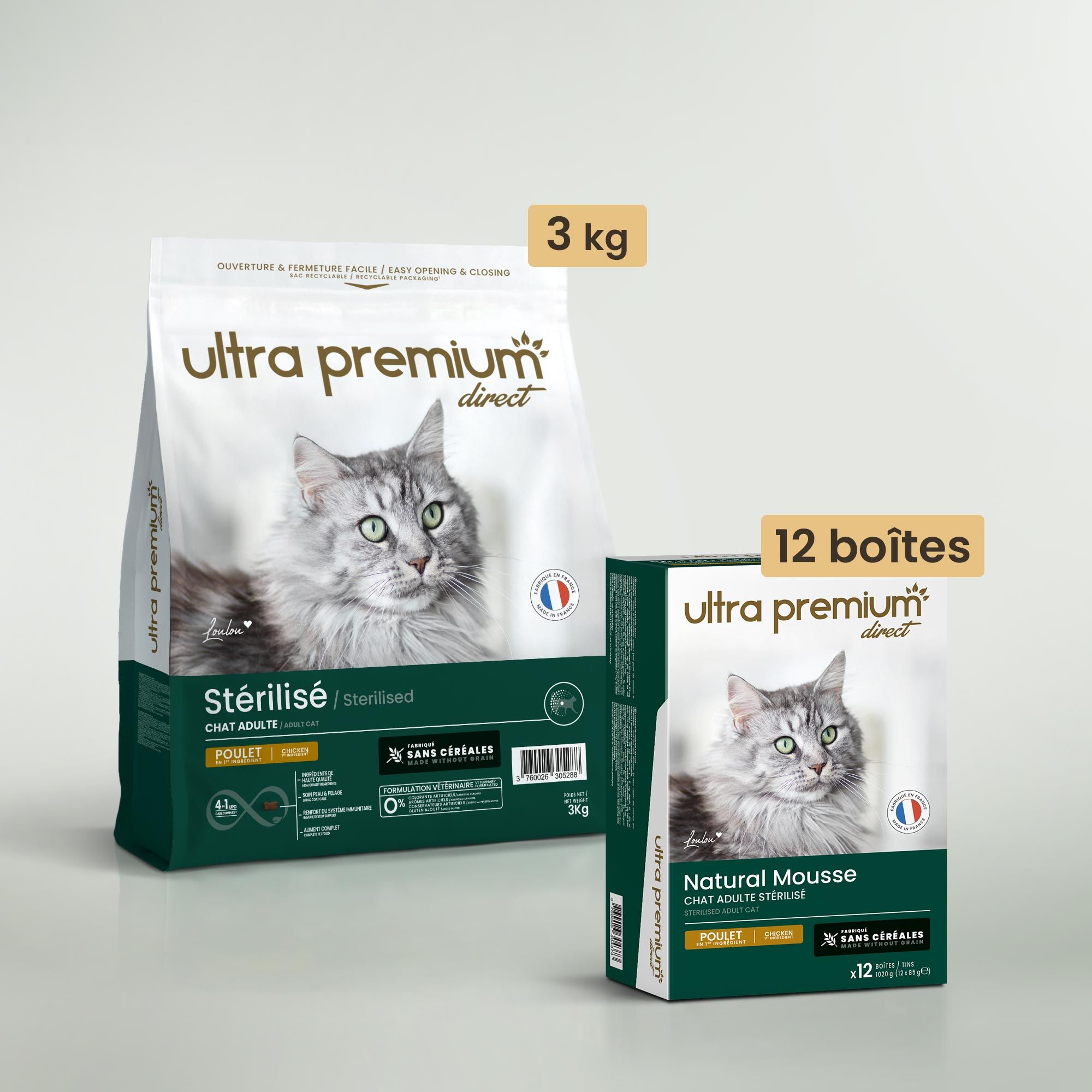 Pack bi-nutrition pour chat stérilisé composé de 3 kg croquettes sans céréales au poulet pour chat adulte stérilisé, et de 12 boîtes de mousse sans céréales pour chat adulte stérilisé au poulet, en intérieur