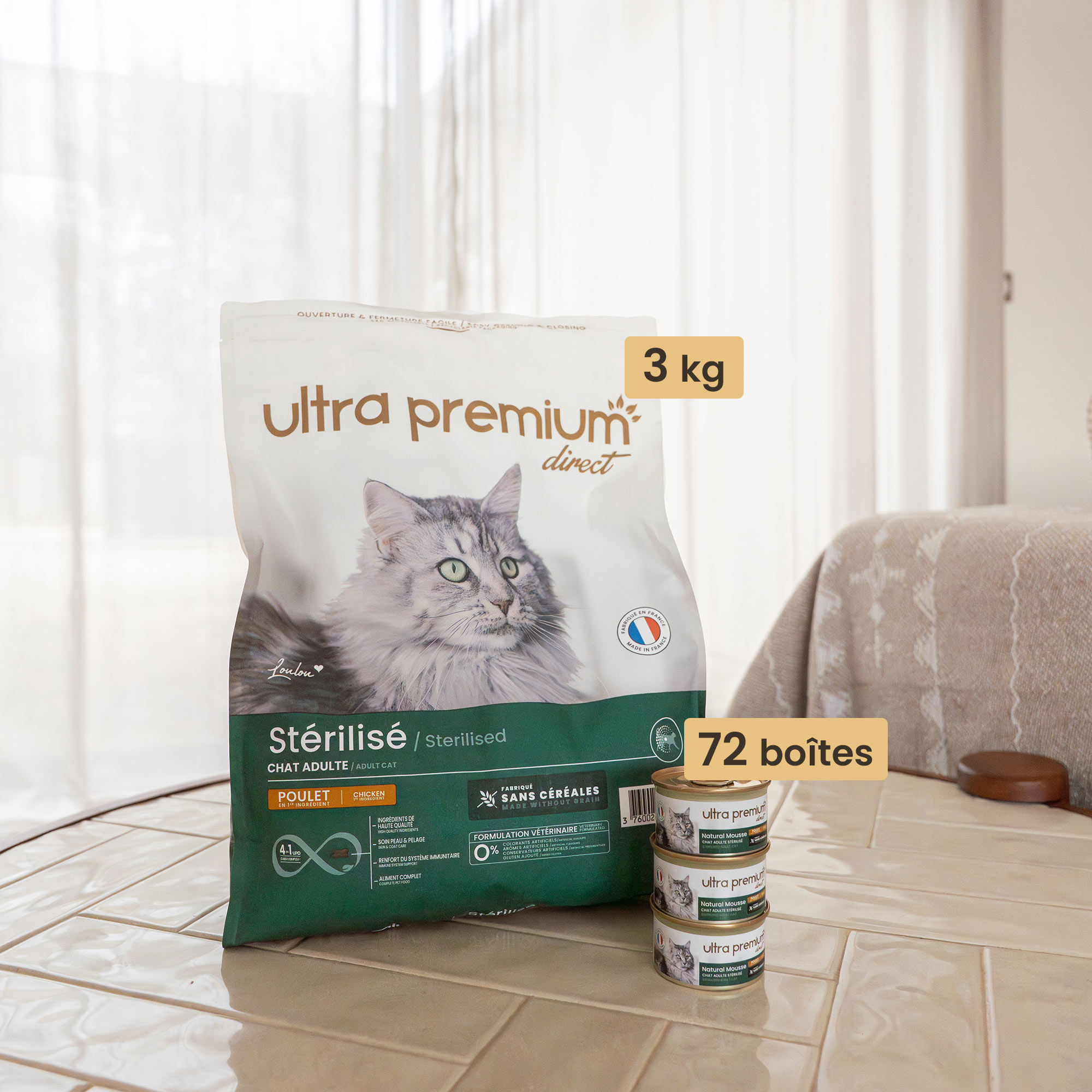 Pack bi-nutrition pour chat stérilisé composé de 7 kg croquettes sans céréales au poulet pour chat adulte stérilisé, et de 72 boîtes de mousse sans céréales pour chat adulte stérilisé au poulet, en intérieur