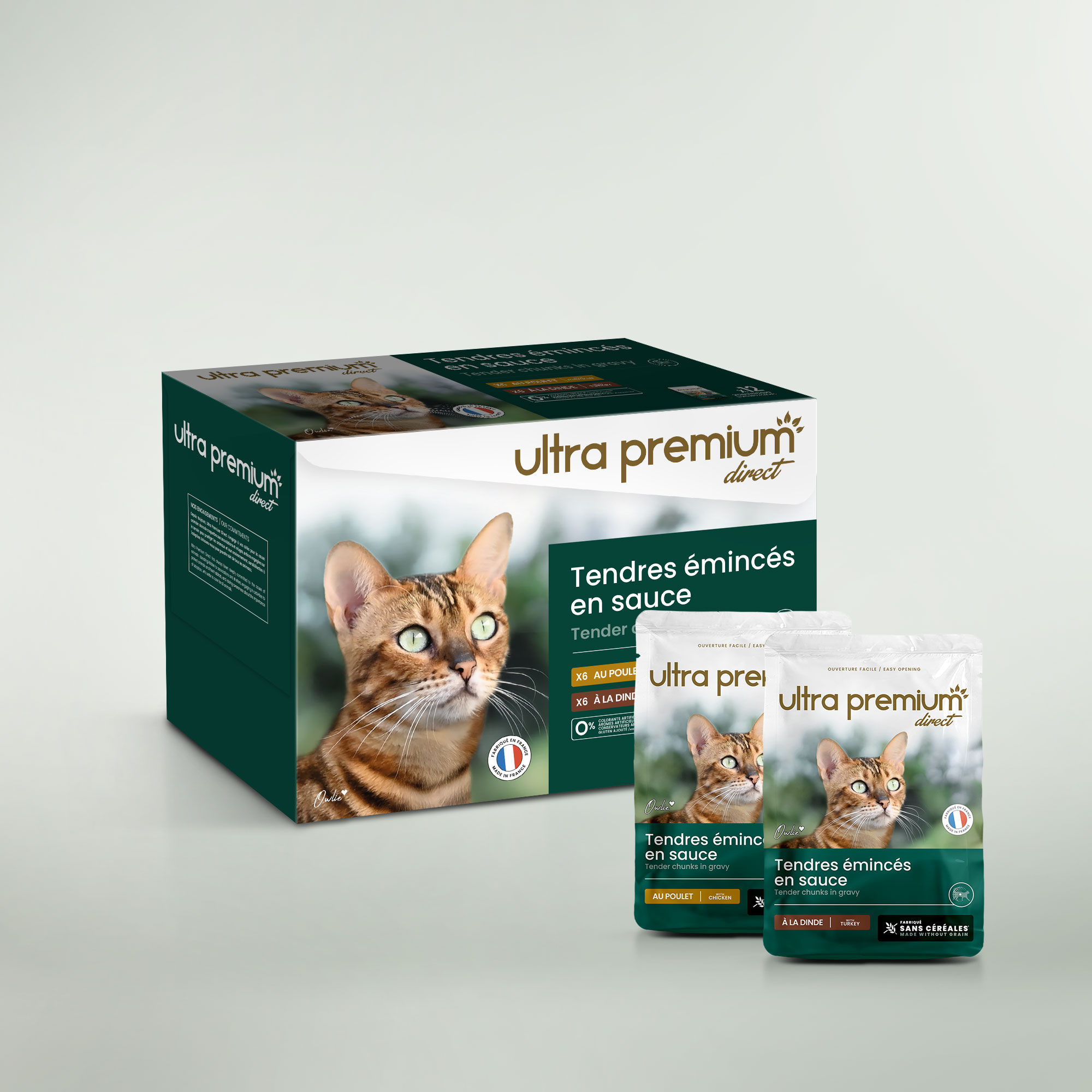 Émincés en sauce sans céréales pour chat au poulet & à la dinde sur fond vert clair