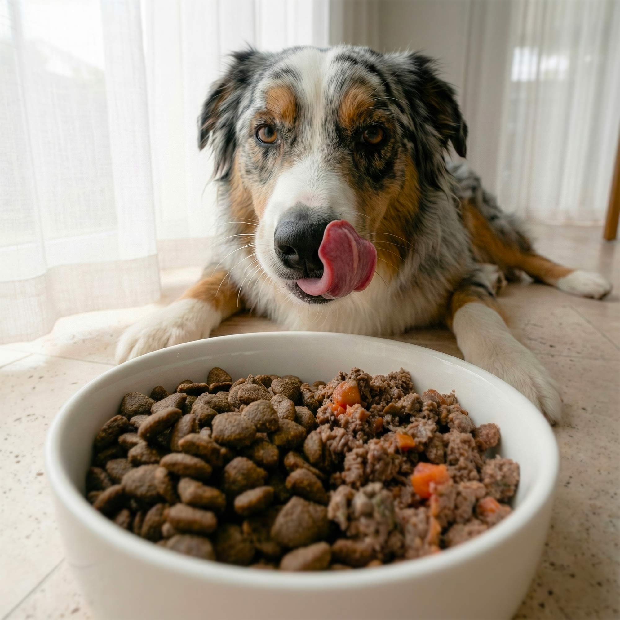 Berger Australien devant une gamelle de Croquettes sans céréales pour chien digestion sensible de toutes tailles