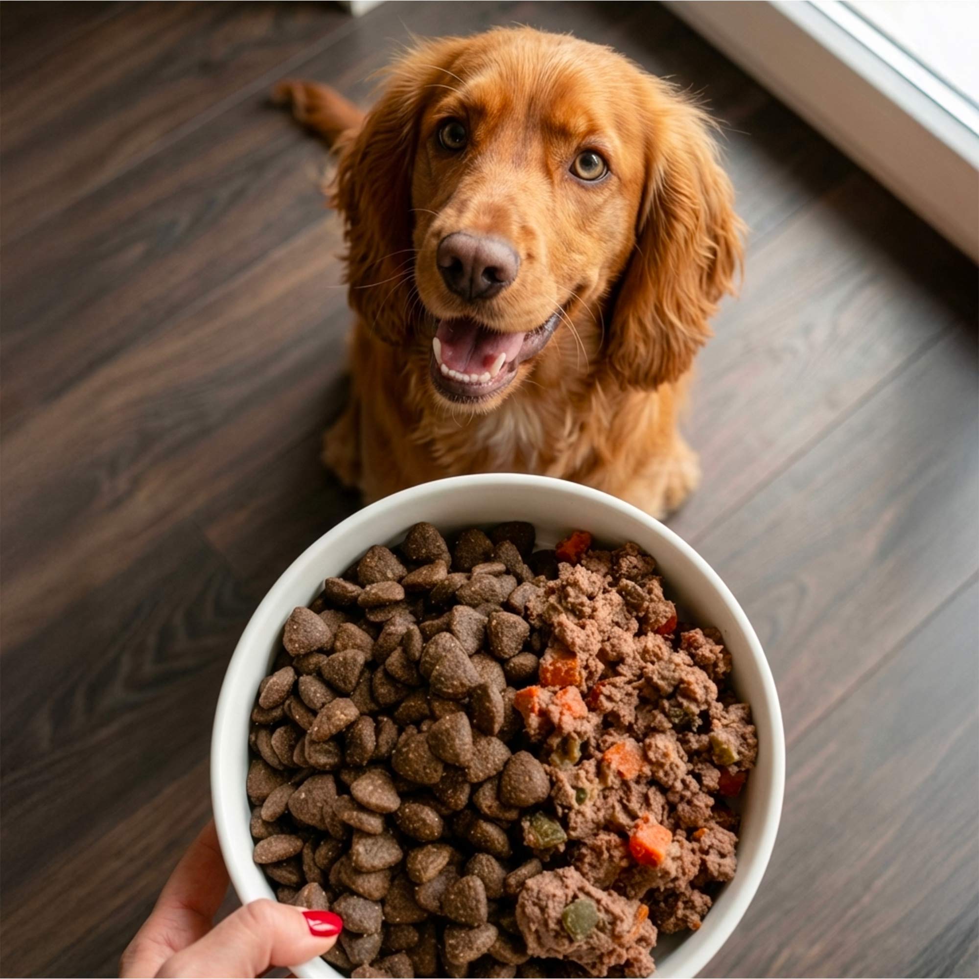 Cocker anglais devant une gamelle de croquettes Super Premium agneau et riz pour chien adulte de toutes tailles en sac de 12 kg sur fond blanc