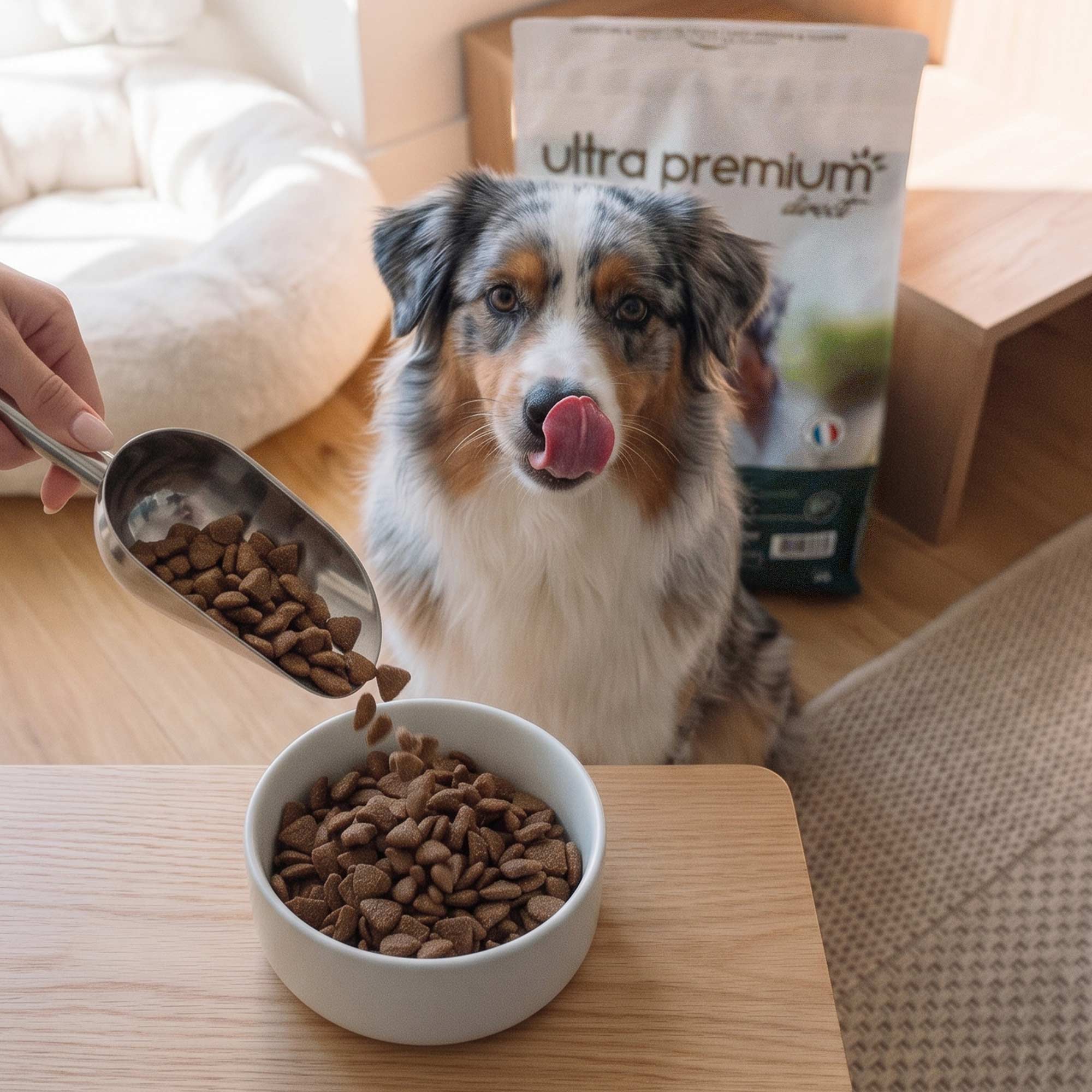 Chien devant une gamelle de croquettes sans céréales digestion sensible pour chien adulte stérilisé