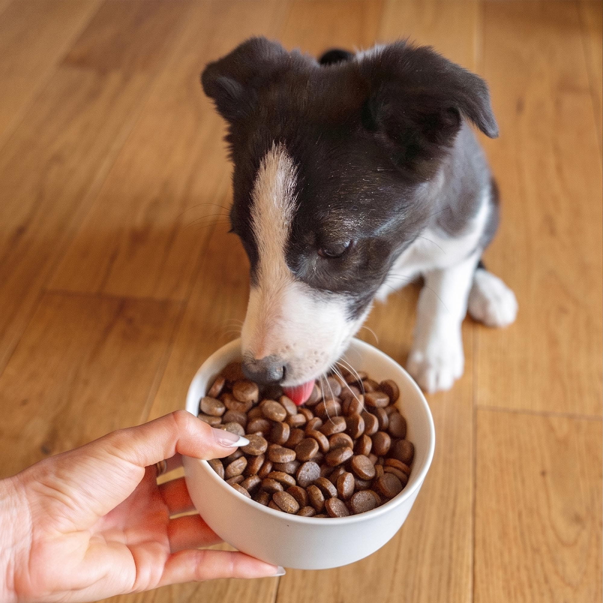 Border Collie-puppy voor een bakje graanvrije brokjes met verse zalm voor puppy's