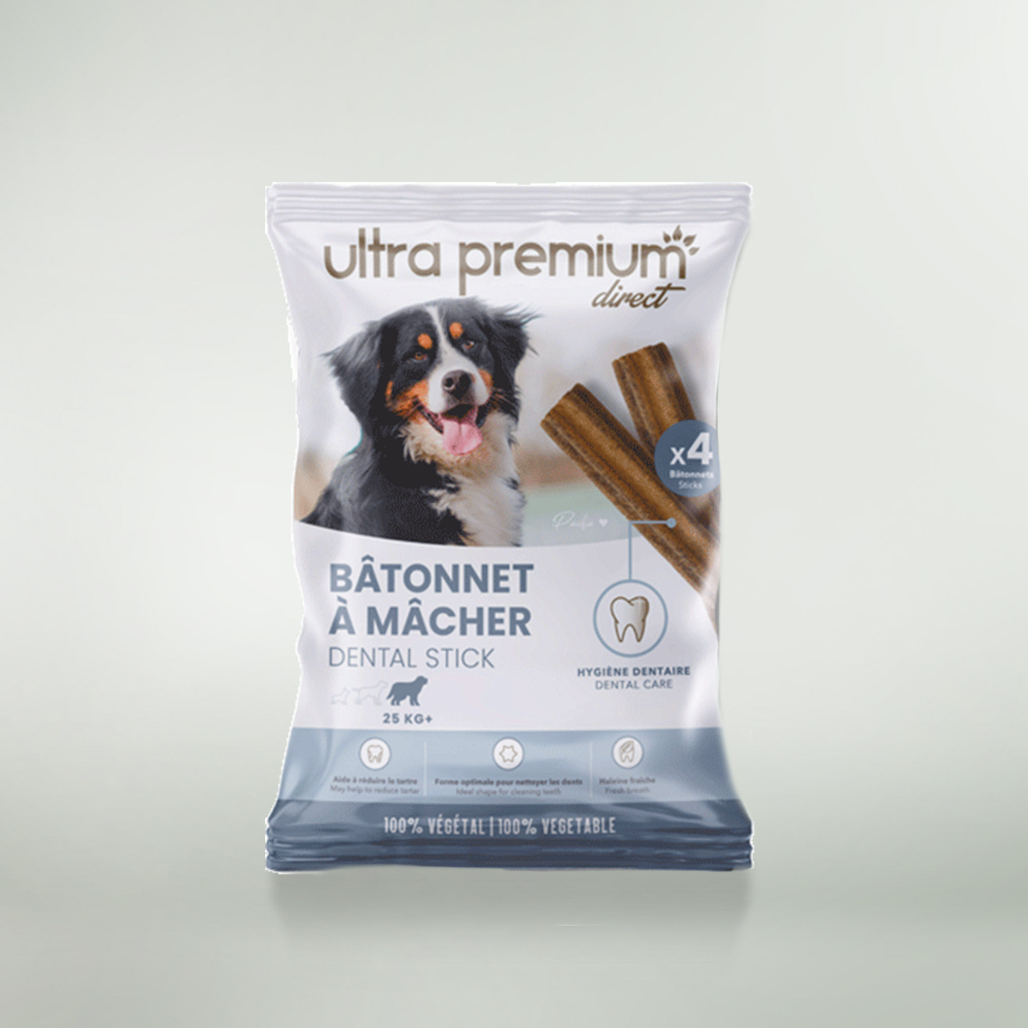 Verpakking van 16 kauwsticks voor honden zwaarder dan 25 kg, op een witte achtergrond