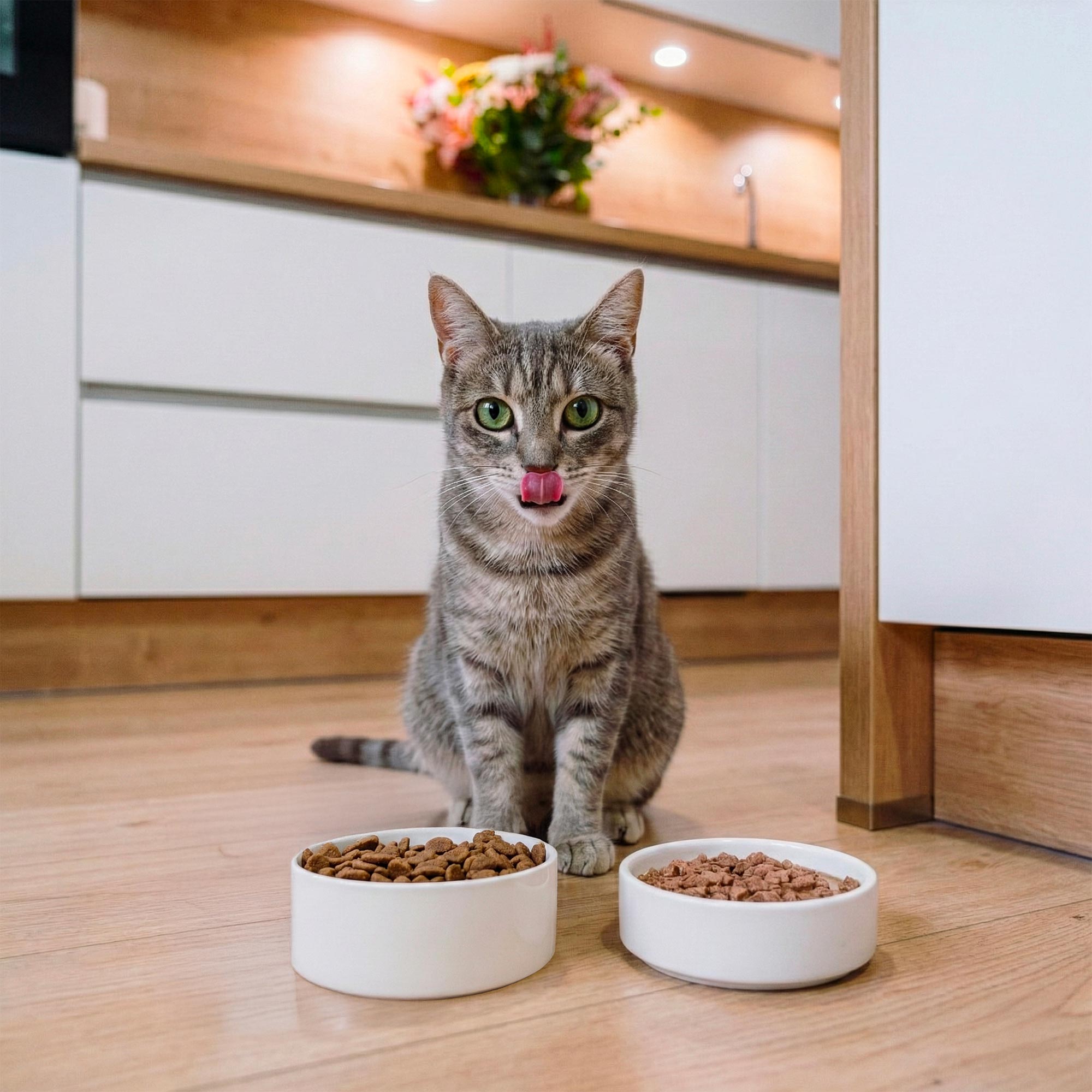Grijze kat voor een kom met gehakt in jus en een kom met graanvrije kippenbrokjes voor gesteriliseerde katten