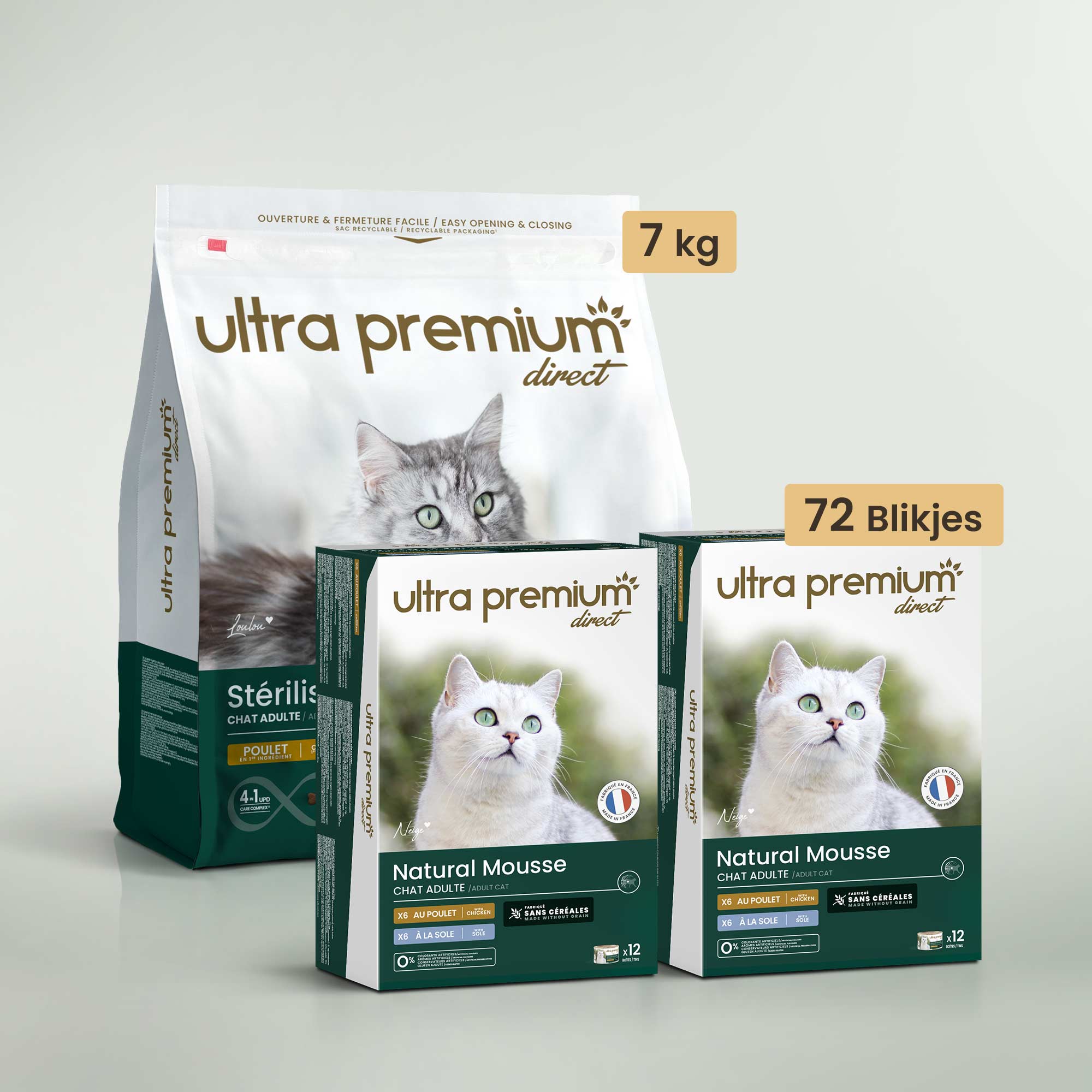 Dubbel voeding bestaande uit een zak graanvrije brokken van 7 kg voor gesteriliseerd volwassen kat en 72 blikjes graanvrije mousse voor volwassen kat met kip en tong, binnenshuis