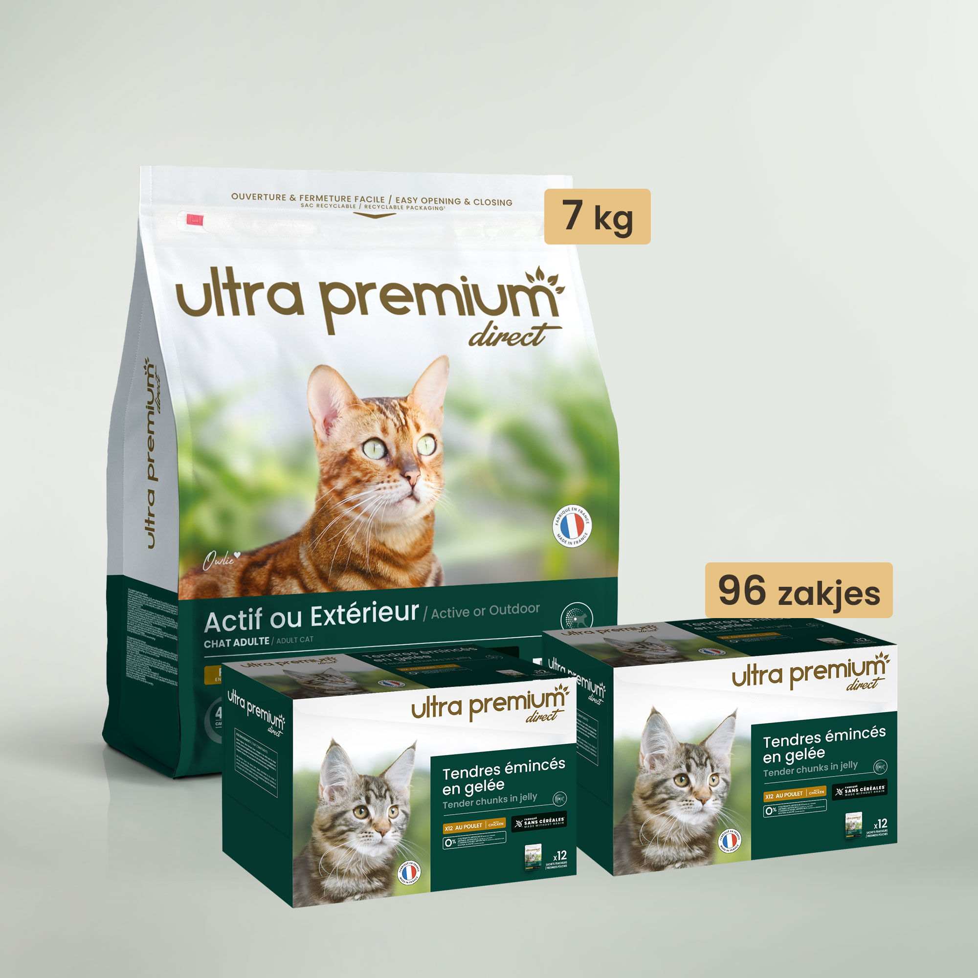 Dubbel voeding bestaande uit een zak graanvrije brokken van 7 kg voor actieve of volwassen kat en 96 stuks graanvrije kippengelei, op een lichtgroene ondergrond