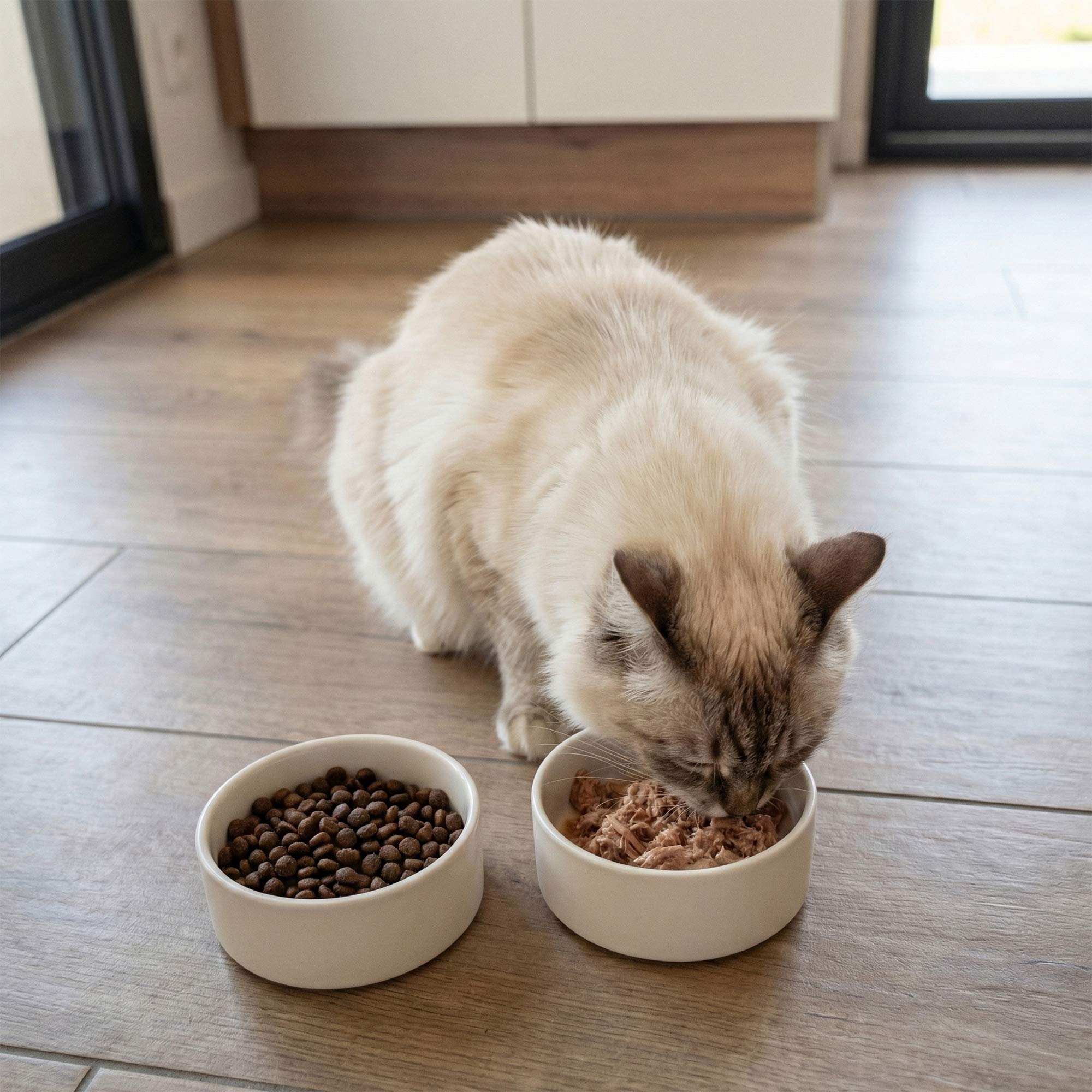 Beige kat eet uit een kom met graanvrije mousse voor gesteriliseerde volwassen katten met kip