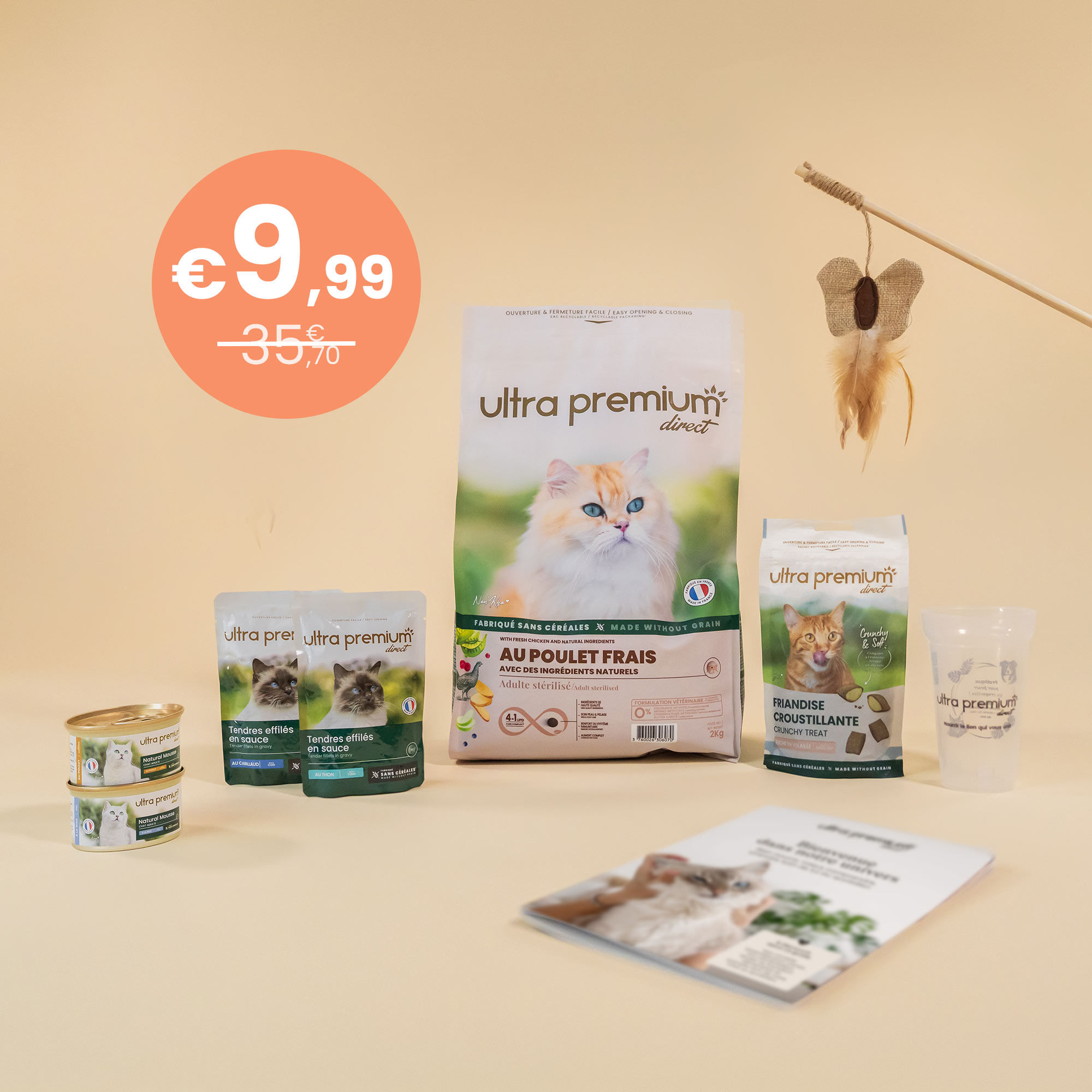 Ontdekkingsset met het recept voor graanvrije brokjes met verse kip voor gesteriliseerde katten.