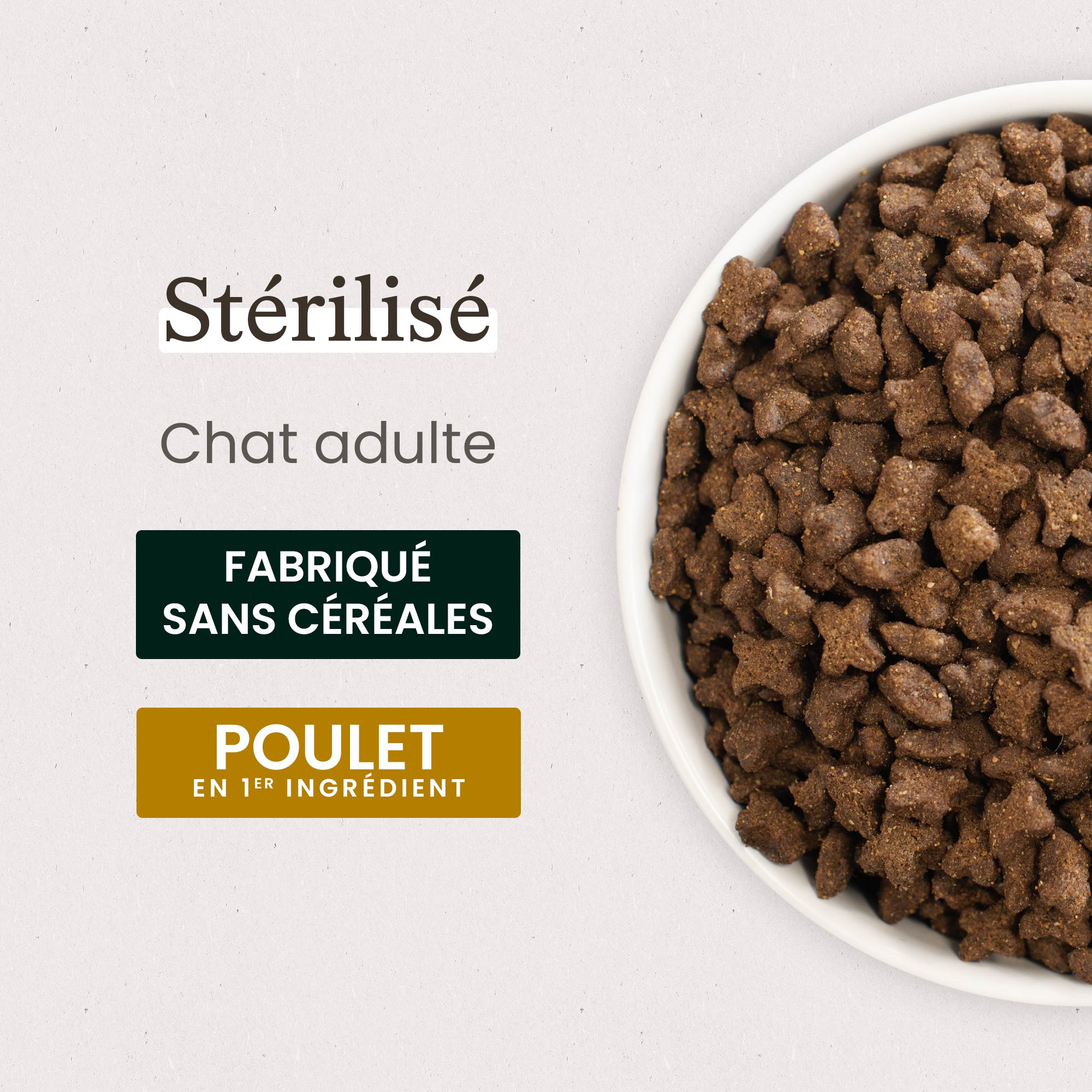 Zoom gamelle contenant les croquettes sans céréales au poulet pour chat adulte stérilisé en gros plan