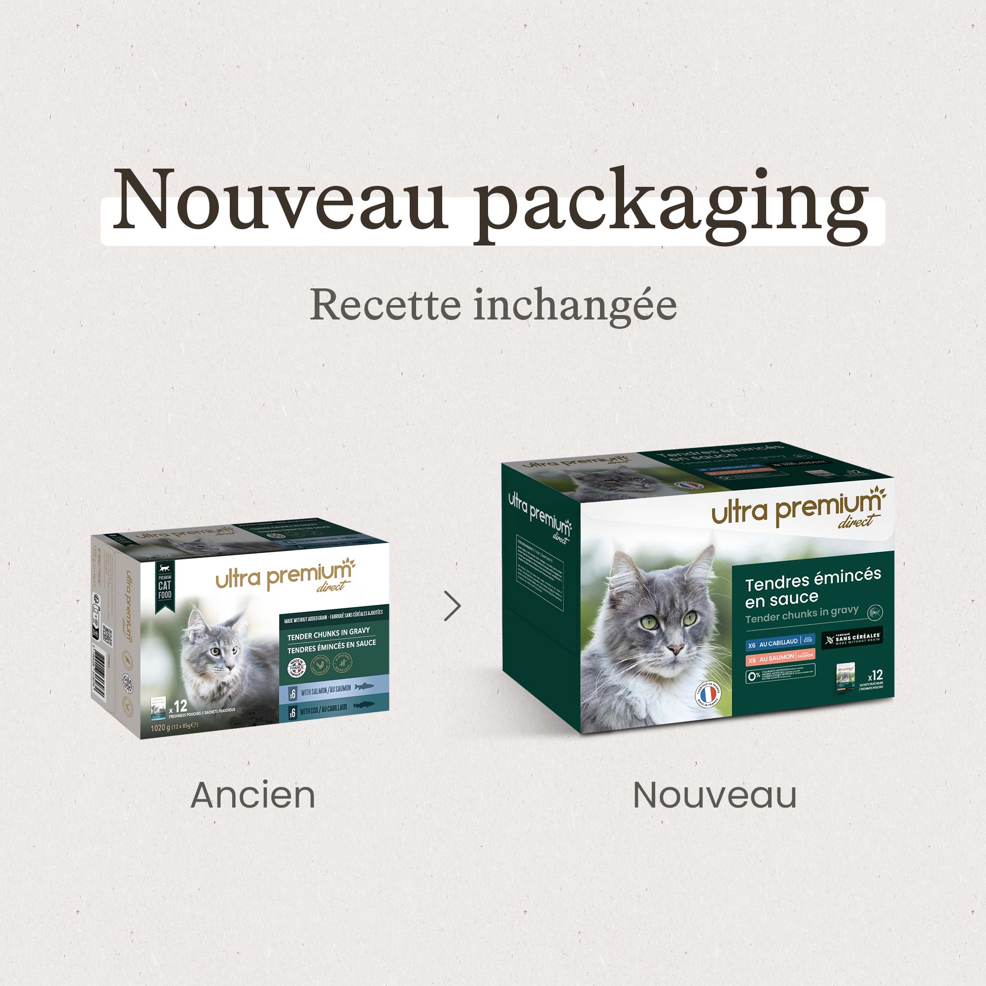 Émincés en sauce sans céréales pour chat au saumon & au cabillaud en intérieur
