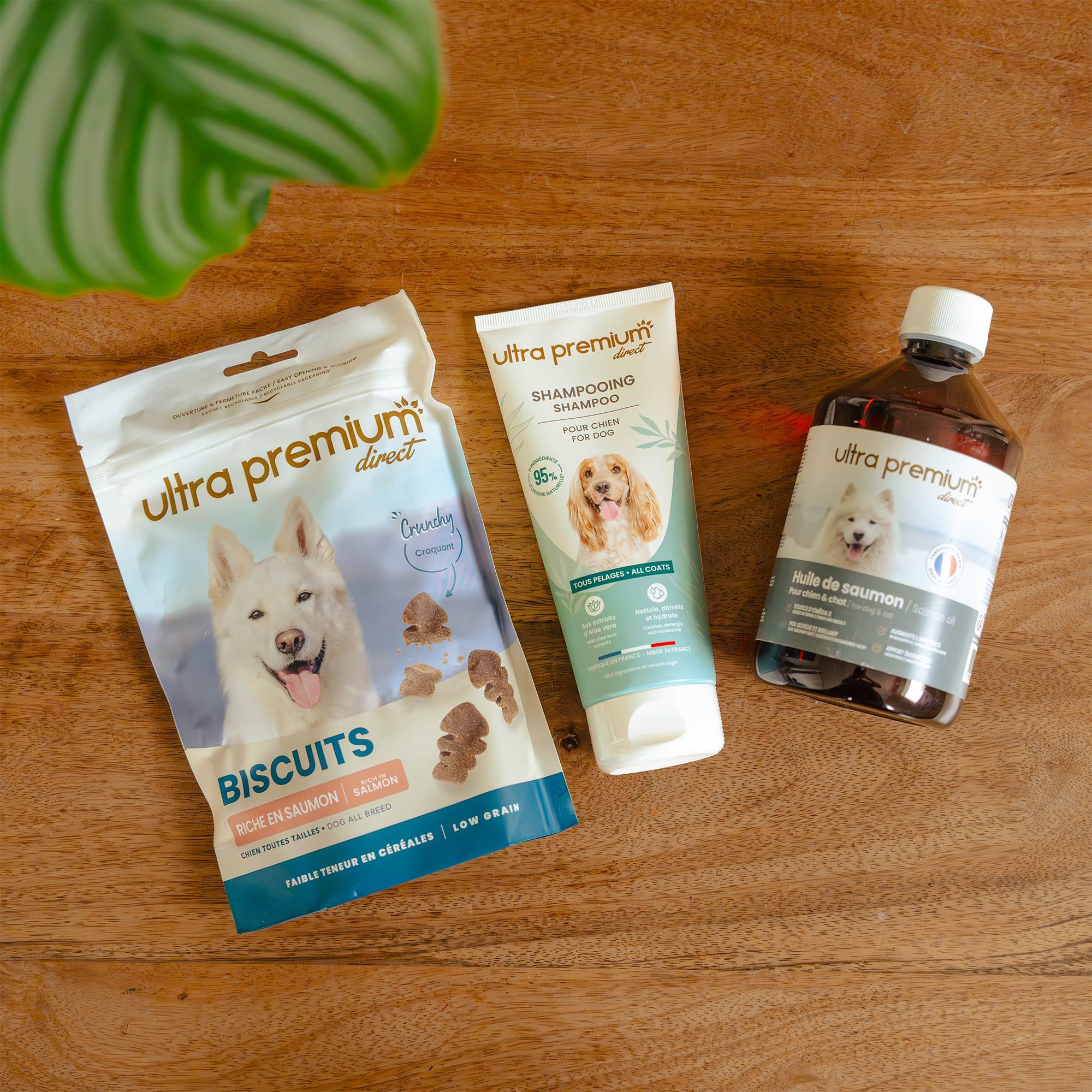 Kit peau & pelage pour chien sur une planche en bois