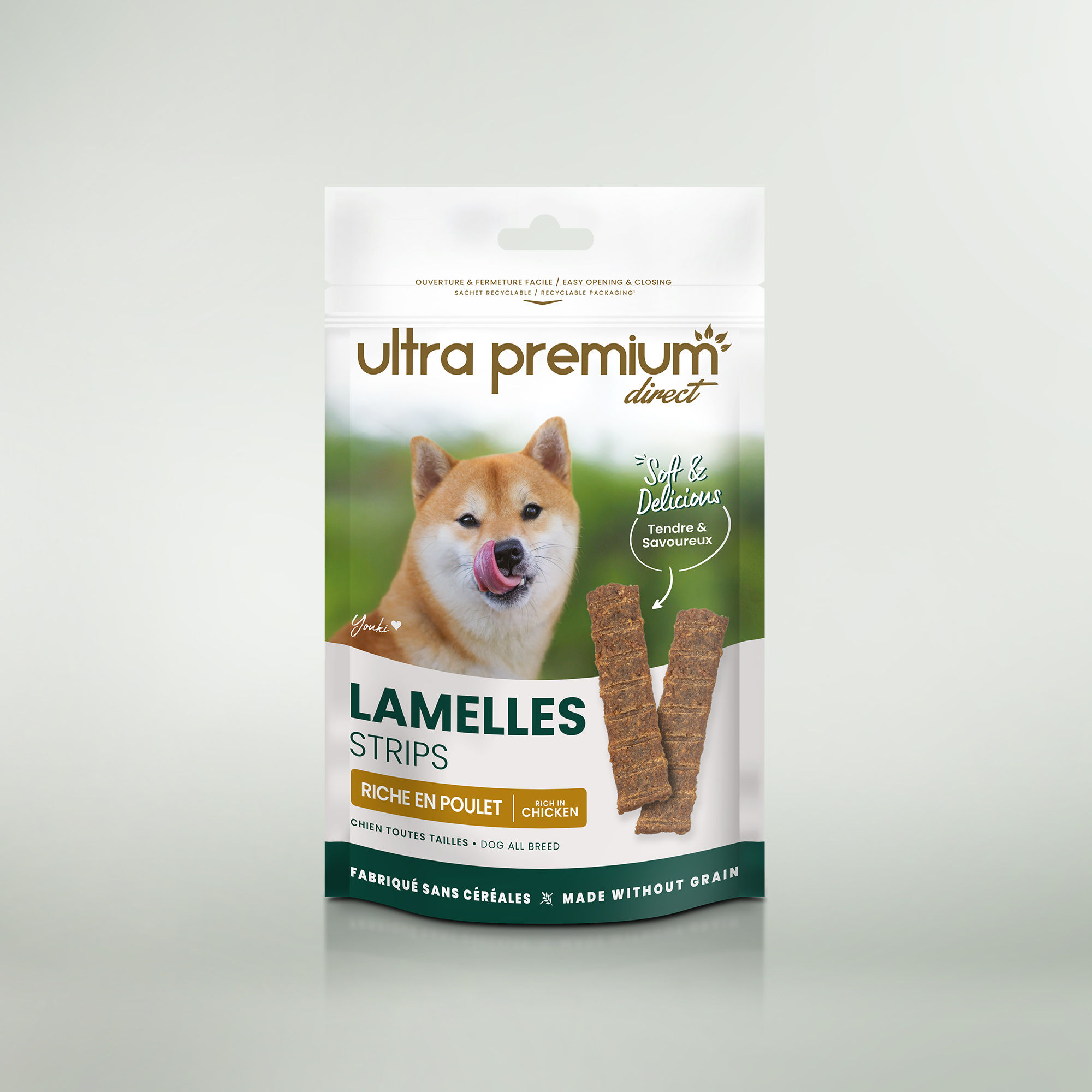 Sachet de friandise lamelles riche en poulet sur fond vert