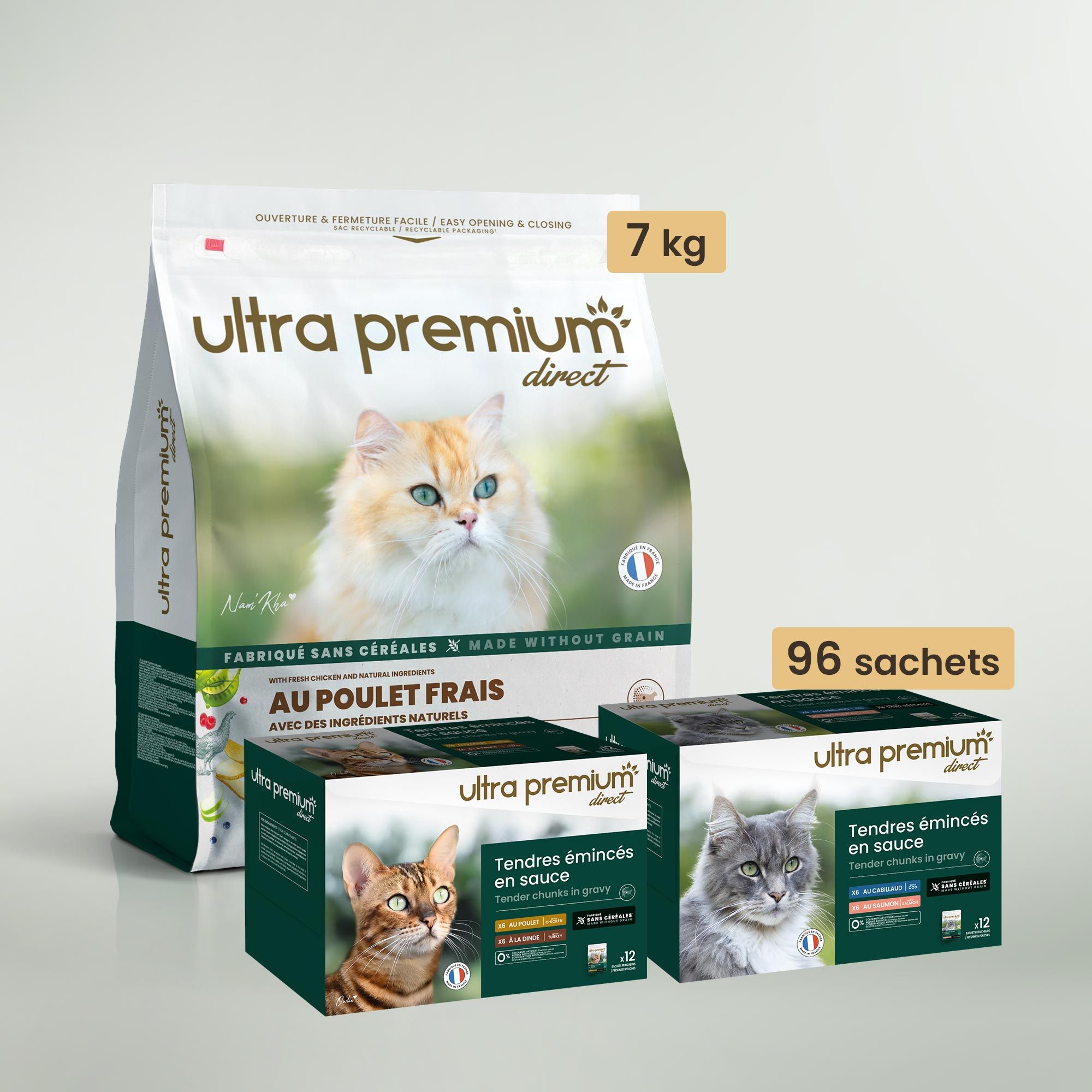 Pack bi-nutrition composé d'un sac de croquettes sans céréales au poulet frais pour chat stérilisé, sur fond vert clair, et de 96 sachets fraîcheur