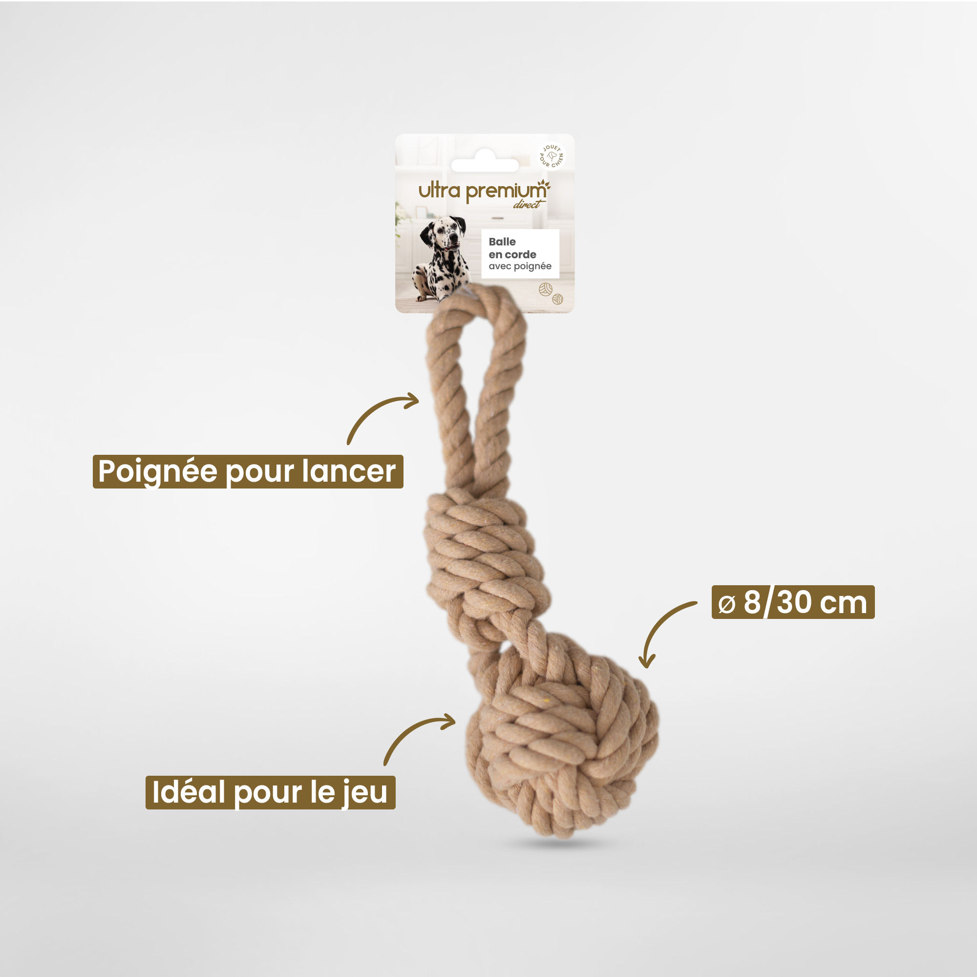 Spécificités du jouet balle en corde Ultra Premium Direct sur fond blanc