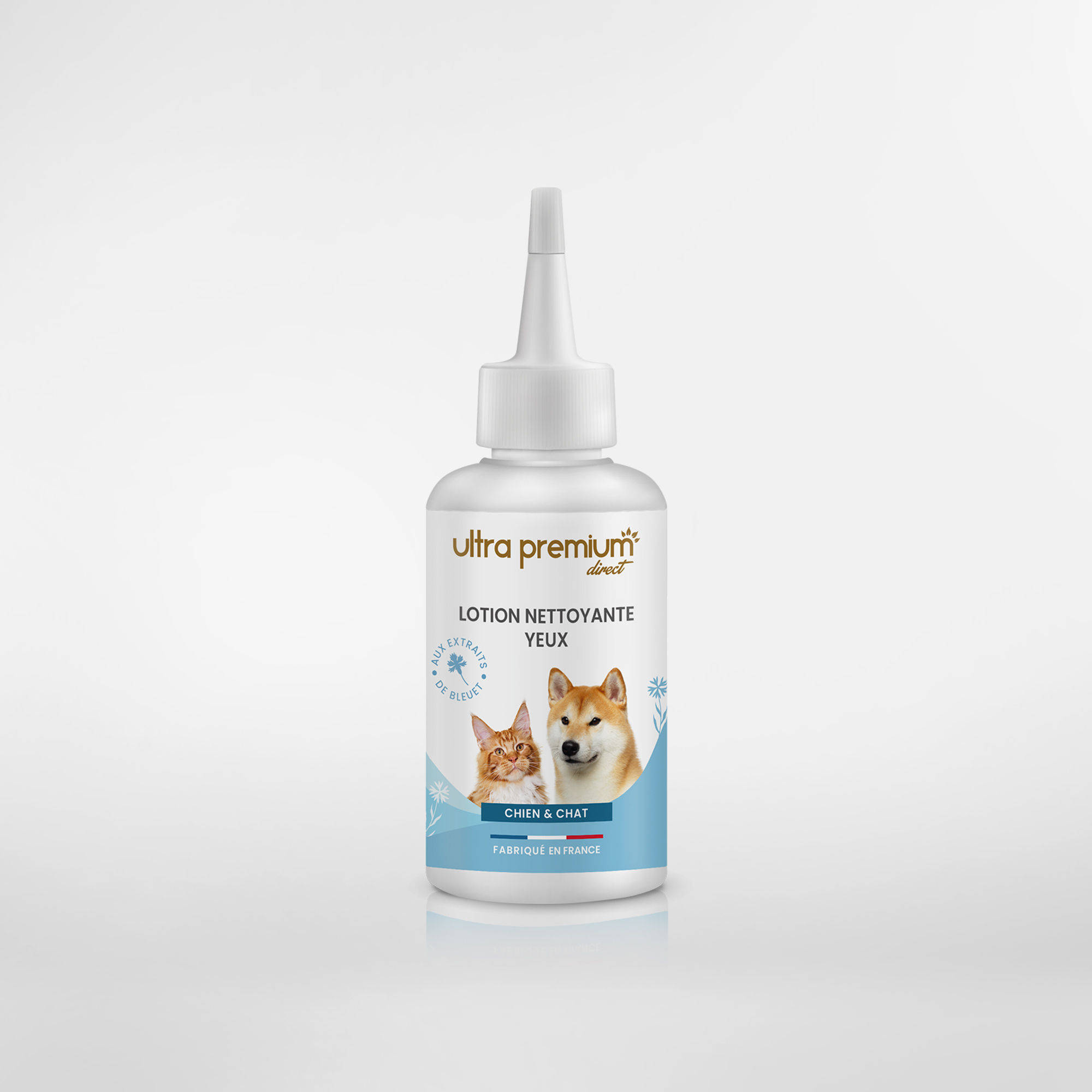 Lotion nettoyante yeux pour chien et chat, sur fond blanc