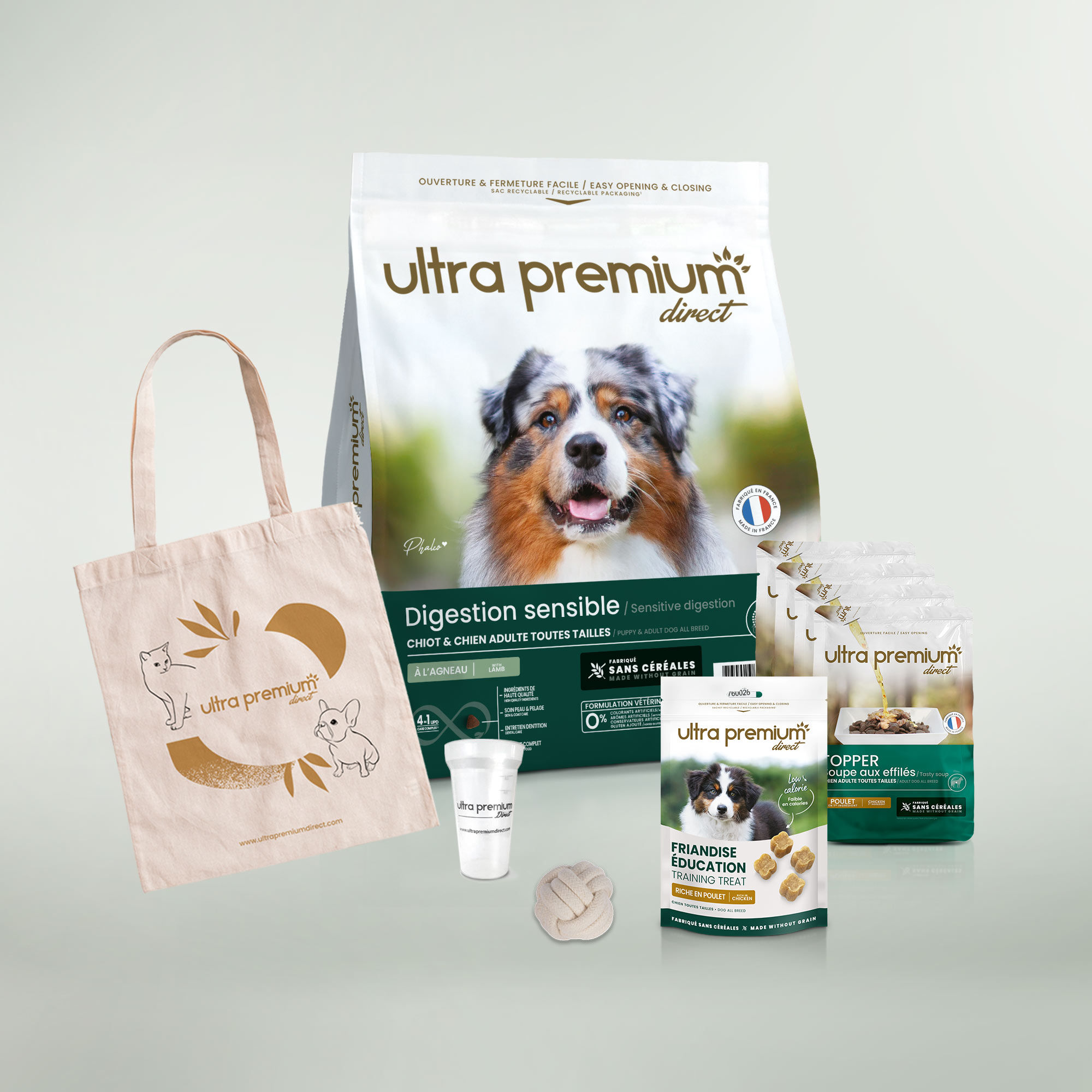 Kit de bienvenue pour chiot digestion sensible de toutes tailles, sur fond vert clair