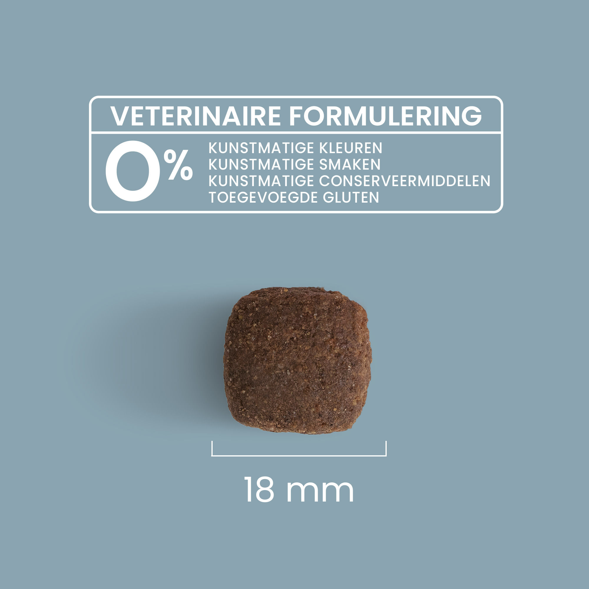 Zoom in op een brok met maatdetails en veterinaire formulering voor actieve hond van alle maten