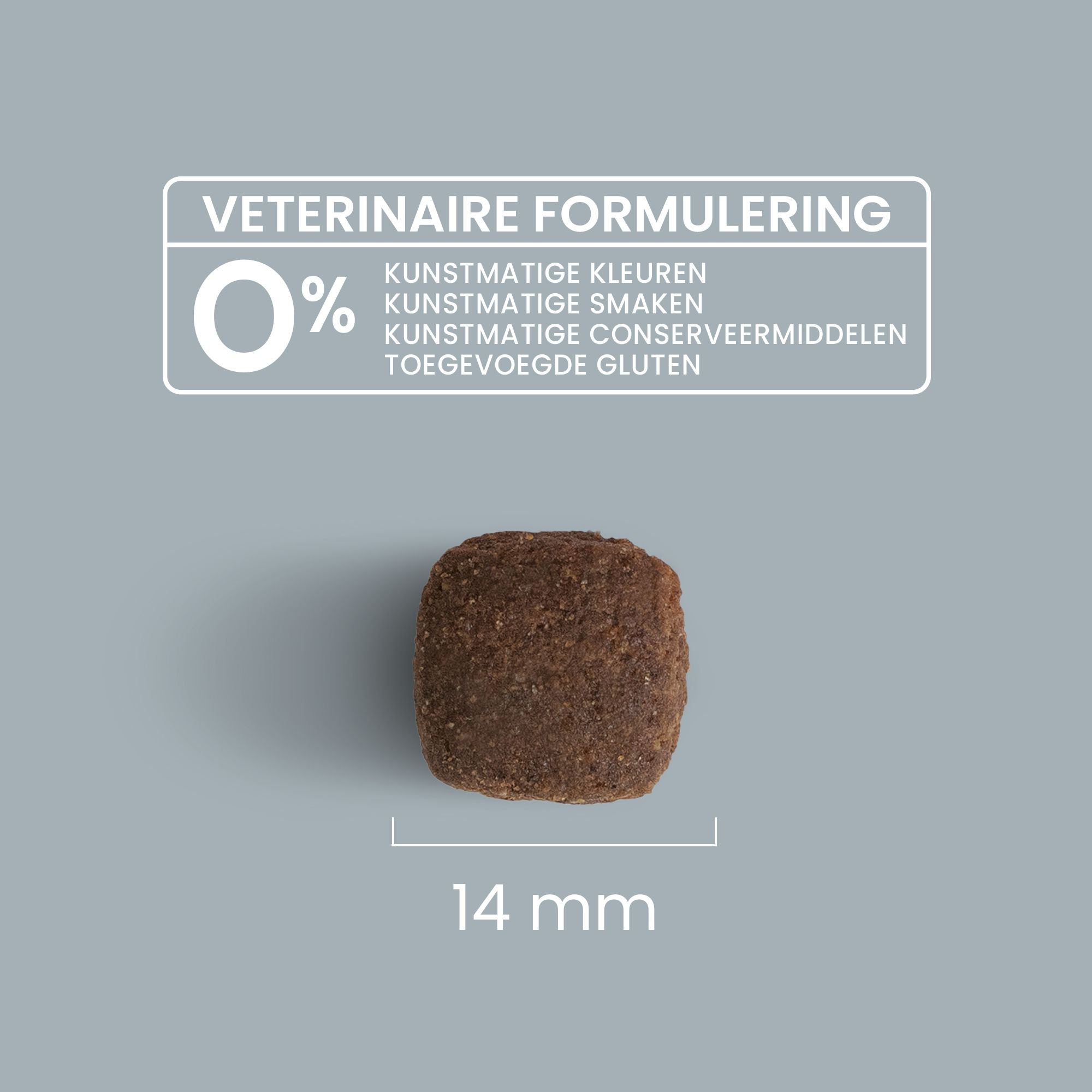 Zoom in op een brok met maatgegevens en veterinaire formulering voor gesteriliseerd / overgewicht volwassen hond van alle groottes