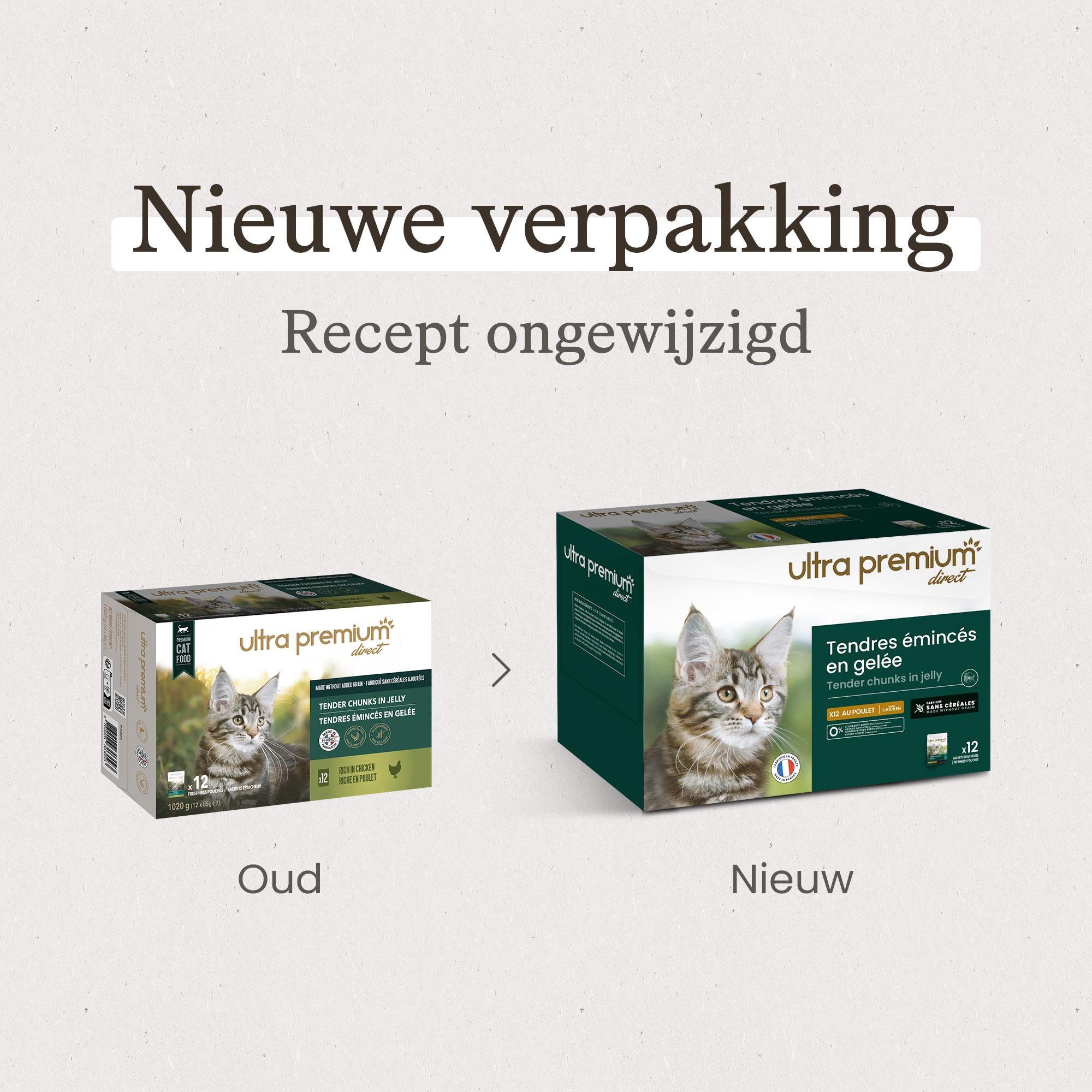 4 Dozen graanvrije kippengehaktgelei voor kat op een witte achtergrond