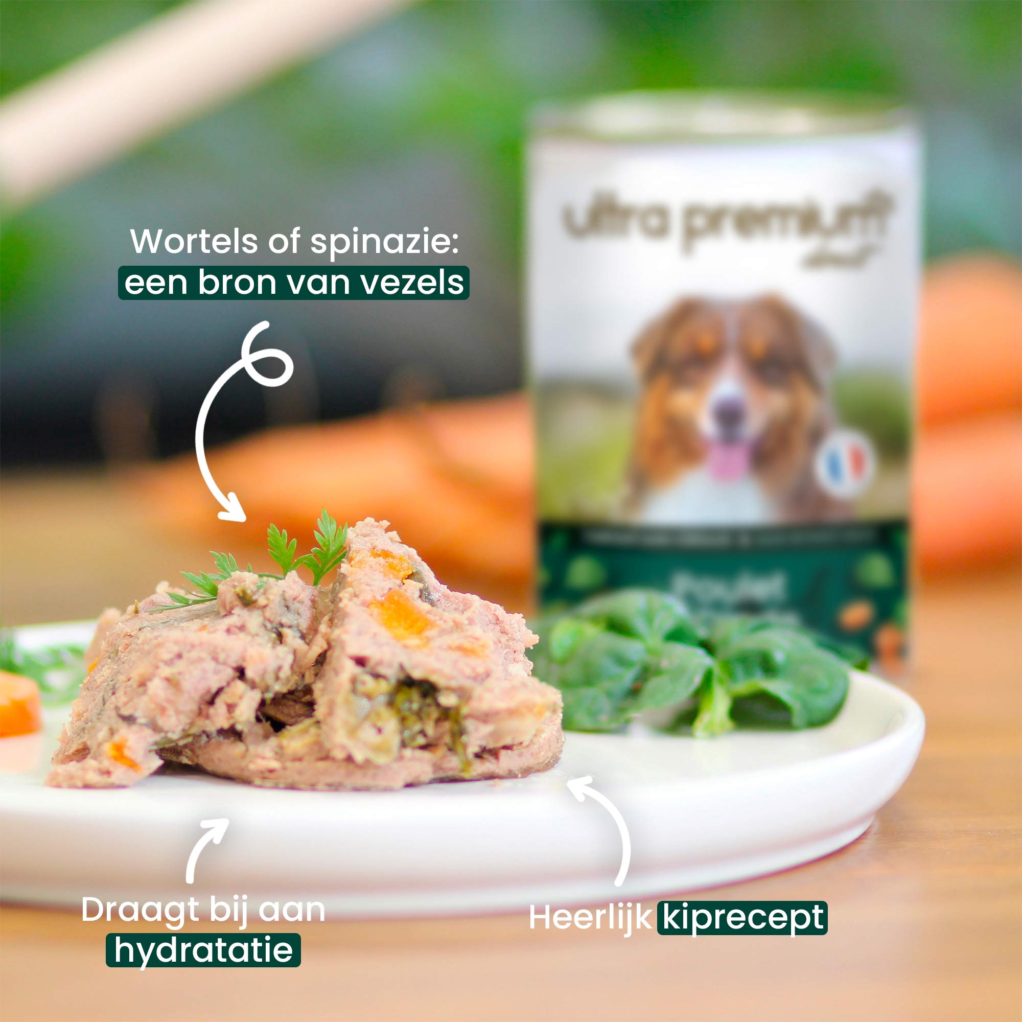 Doos graanvrij hondenvoer voor kip en hond op een houten plank met plakjes wortel op de voorgrond