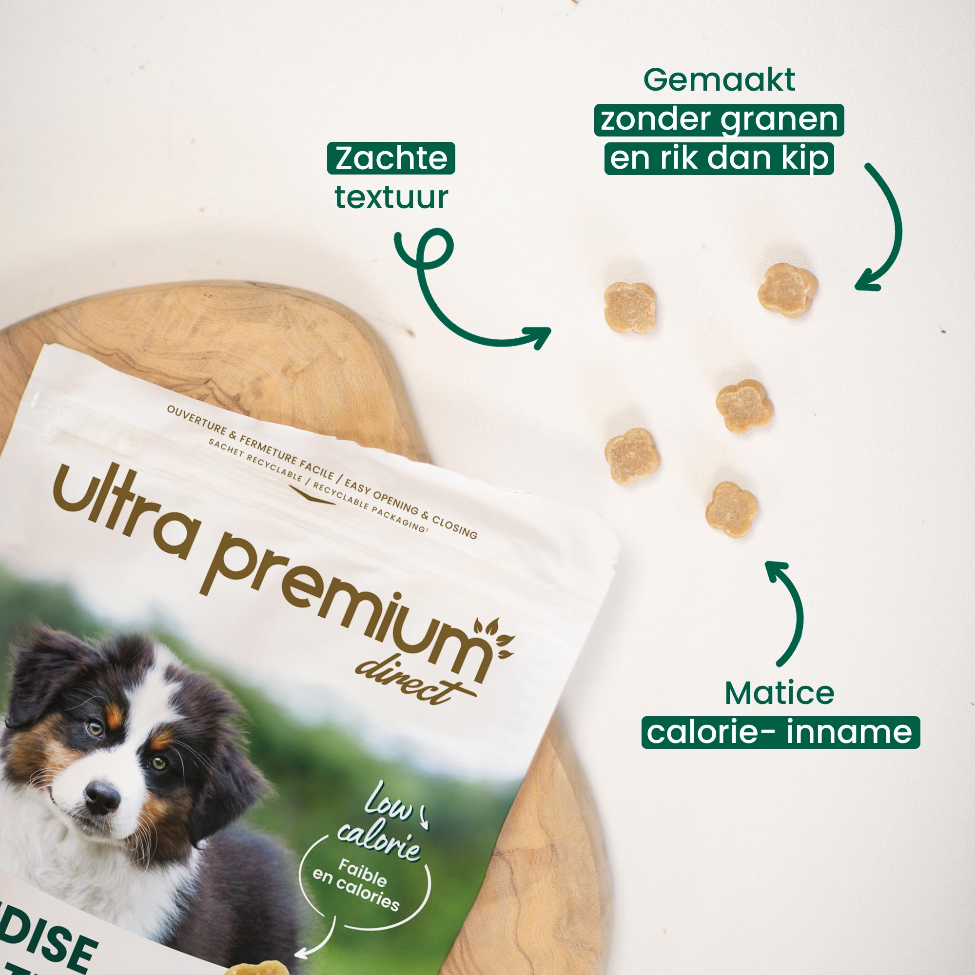 Wij benadrukken de voordelen van snacks hond