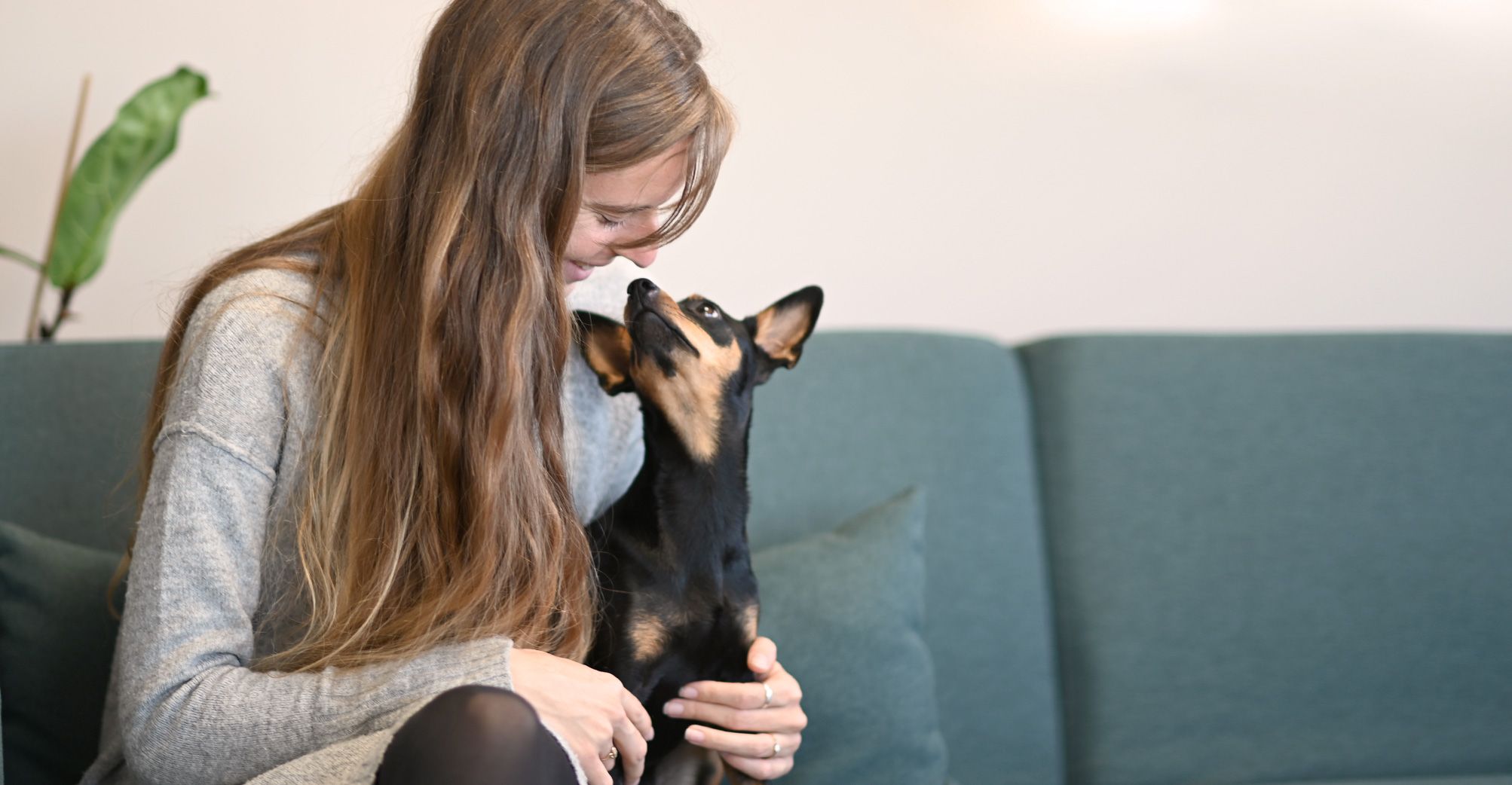 Une femme tenant un Pinscher sur un canapé