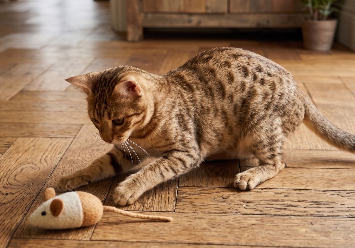 ocicat jouant avec sa souris