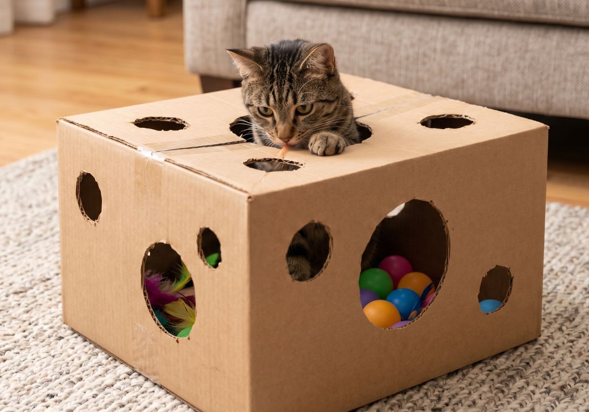 chat dans jouet diy boîte en carton