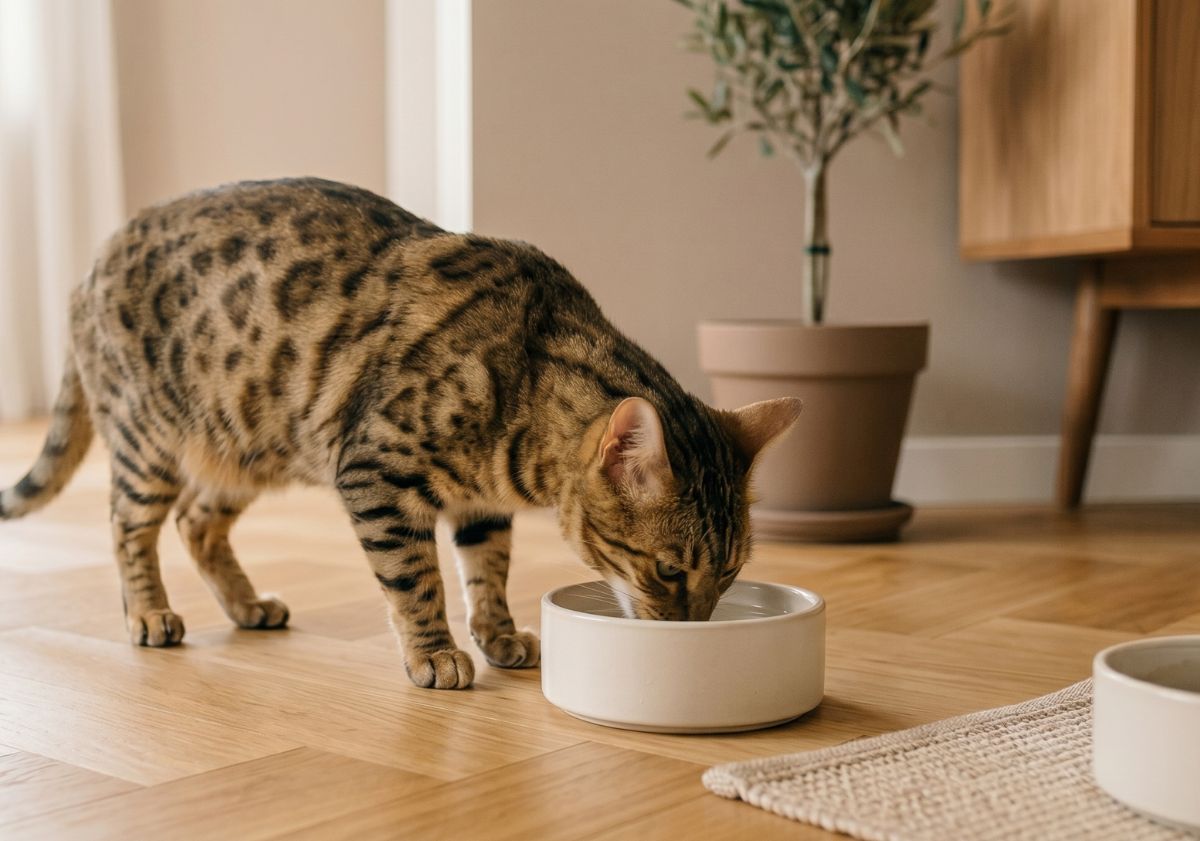 ocicat mangeant ses croquettes dans sa gamelle en intérieur