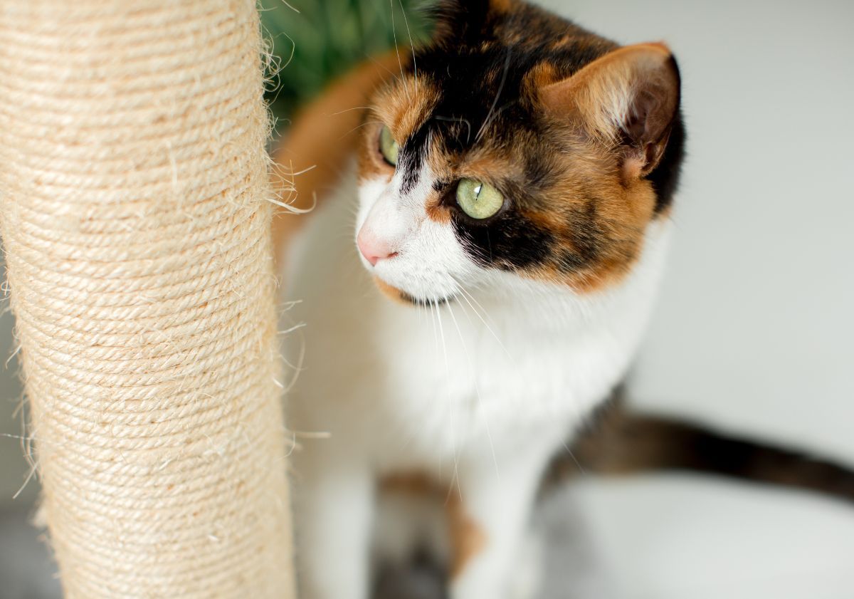 chat tricolore caché derrière son griffoir