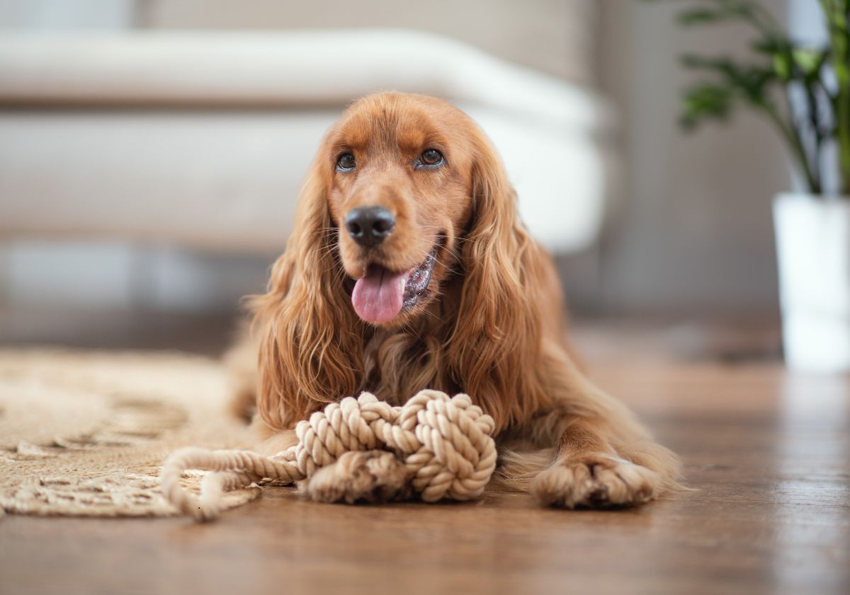 cocker avec un jouet en corde