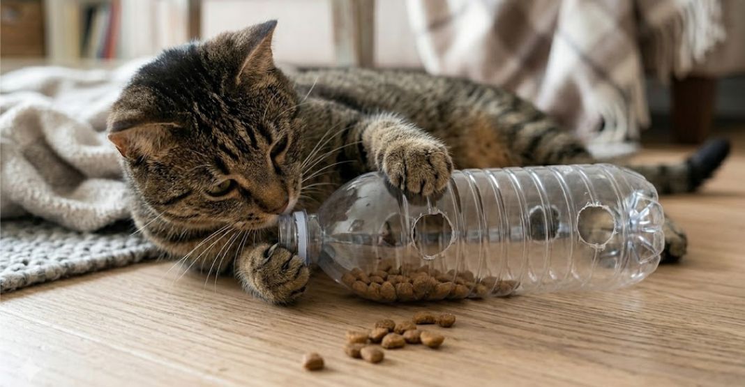 chat tabby gris jouant avec un jouet DIY bouteille croquettes
