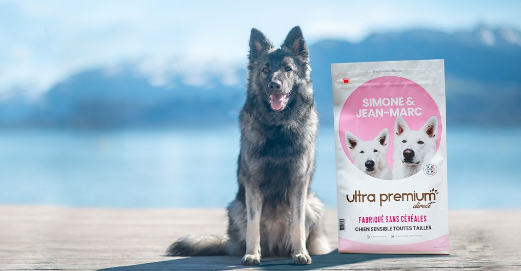 Chien à côté d'un sac de croquettes édition collector Simone et Jean-Marc