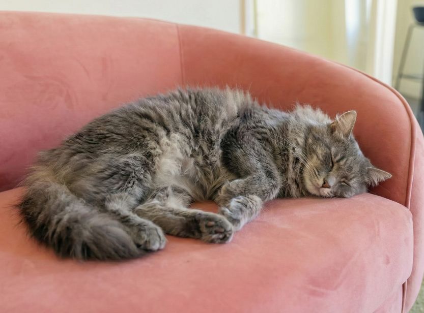 chat senior dormant sur un canapé