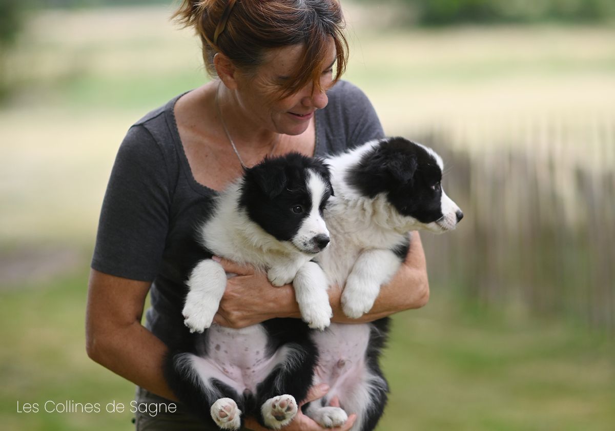 Éleveuse portant deux de ses chiots