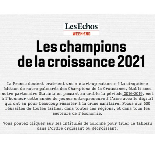 Article Les Echos intitulé : "Les champions de la croissance 2021"