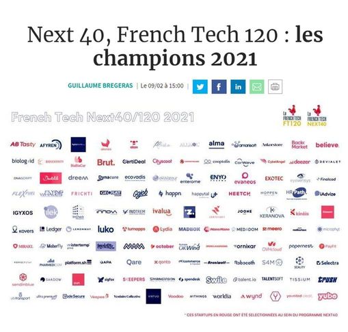 Article Les Echos Entrepreneurs intitulé : "Next 40, French Tech 120 ; les champions 2021"