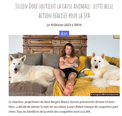 Article de Fourchette et Bikini : "Julien Doré soutient la cause animale : cette belle action réalisée pour la SPA"