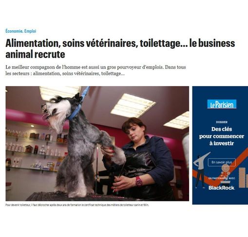 Article du Parisien intitulé : "Alimentation, soins vétérinaires, toilettage... Le business animal recrute"