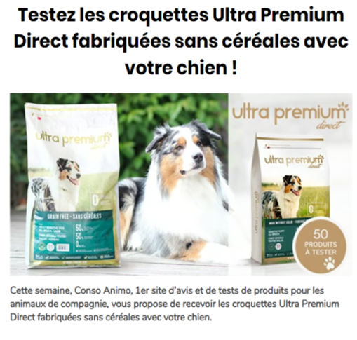 Article de Wamiz : "Testez les croquettes Ultra Premium Direct fabriquées sans céréales avec votre chien !"