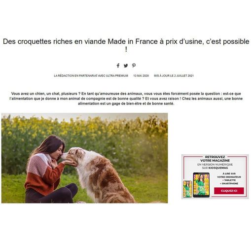 Article de Biba Magazine intitulé : "Des croquettes riches en viande Made in France à prix d'usine, c'est possible !"