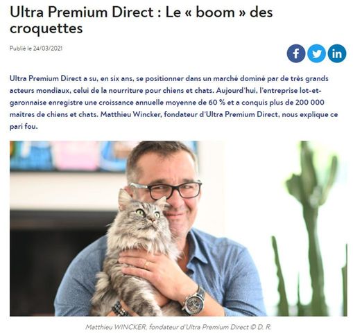 Article de La Vie Économique intitulé : "Ultra Premium Direct : Le "boom" des croquettes"