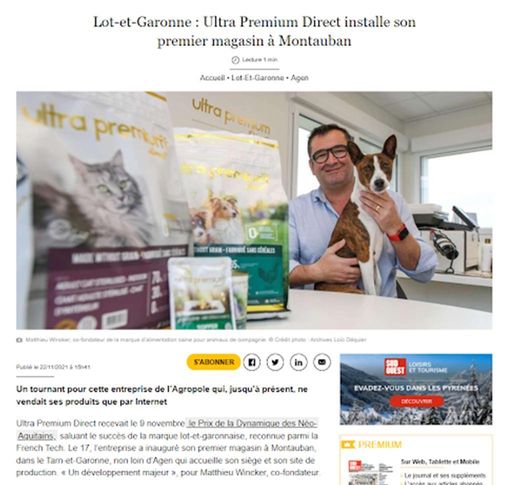 Article de Sud Ouest intitulé : "Lot-et-Garonne : Ultra Premium Direct installe son premier magasin à Montauban"