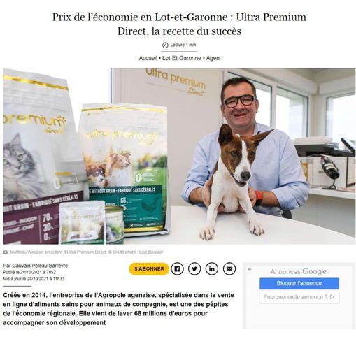 Article de Sud Ouest intitulé : "Prix de l'économie en Lot-et-Garonne : Ultra Premium Direct, la recette du succès"